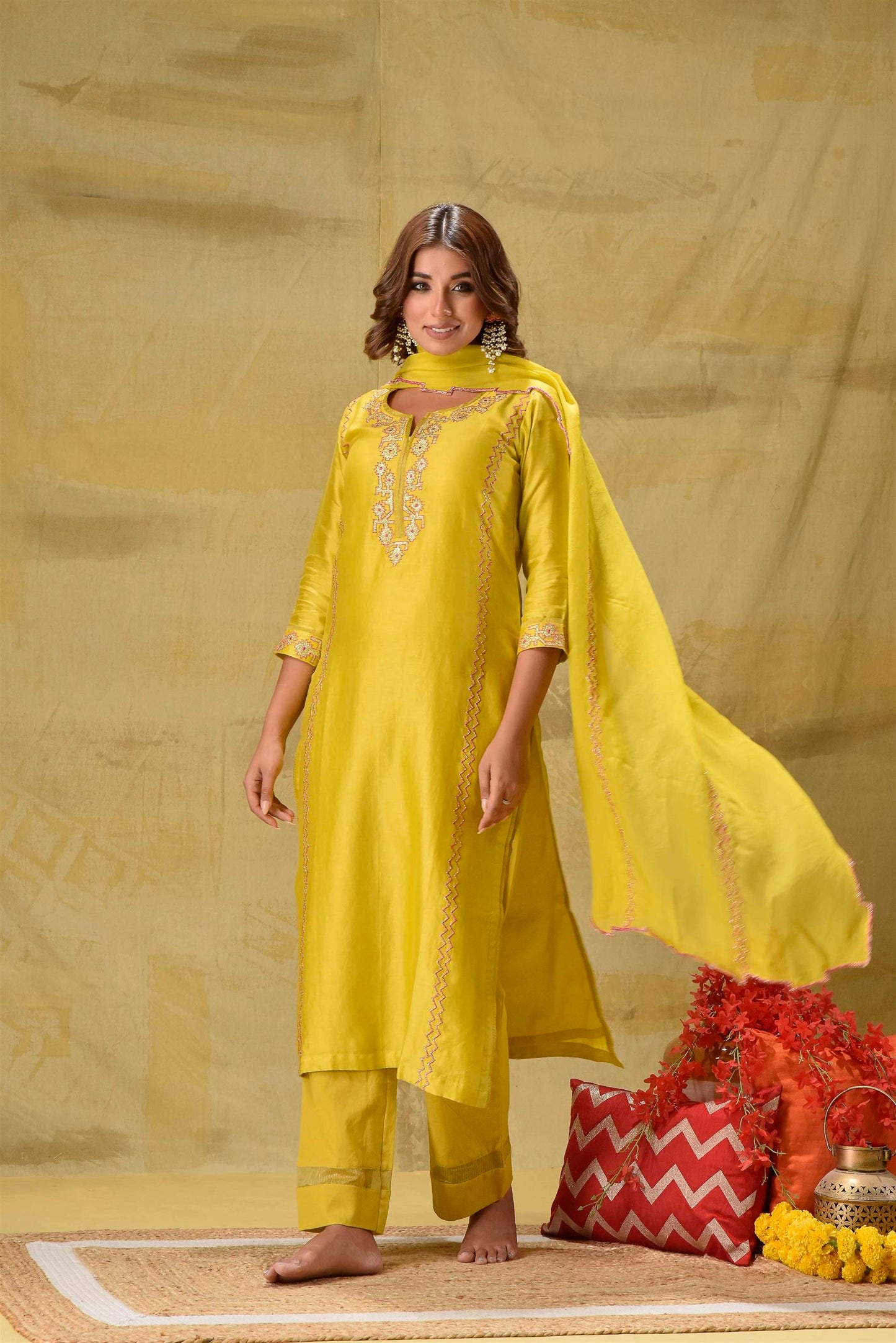 Lime Yellow Badla Embroidered Suit Set
