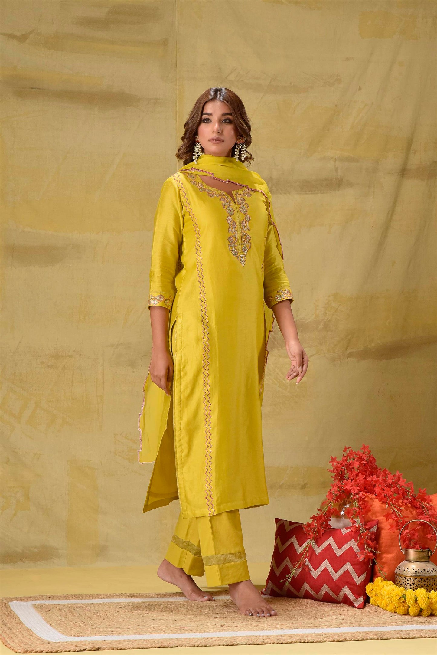 Lime Yellow Badla Embroidered Suit Set