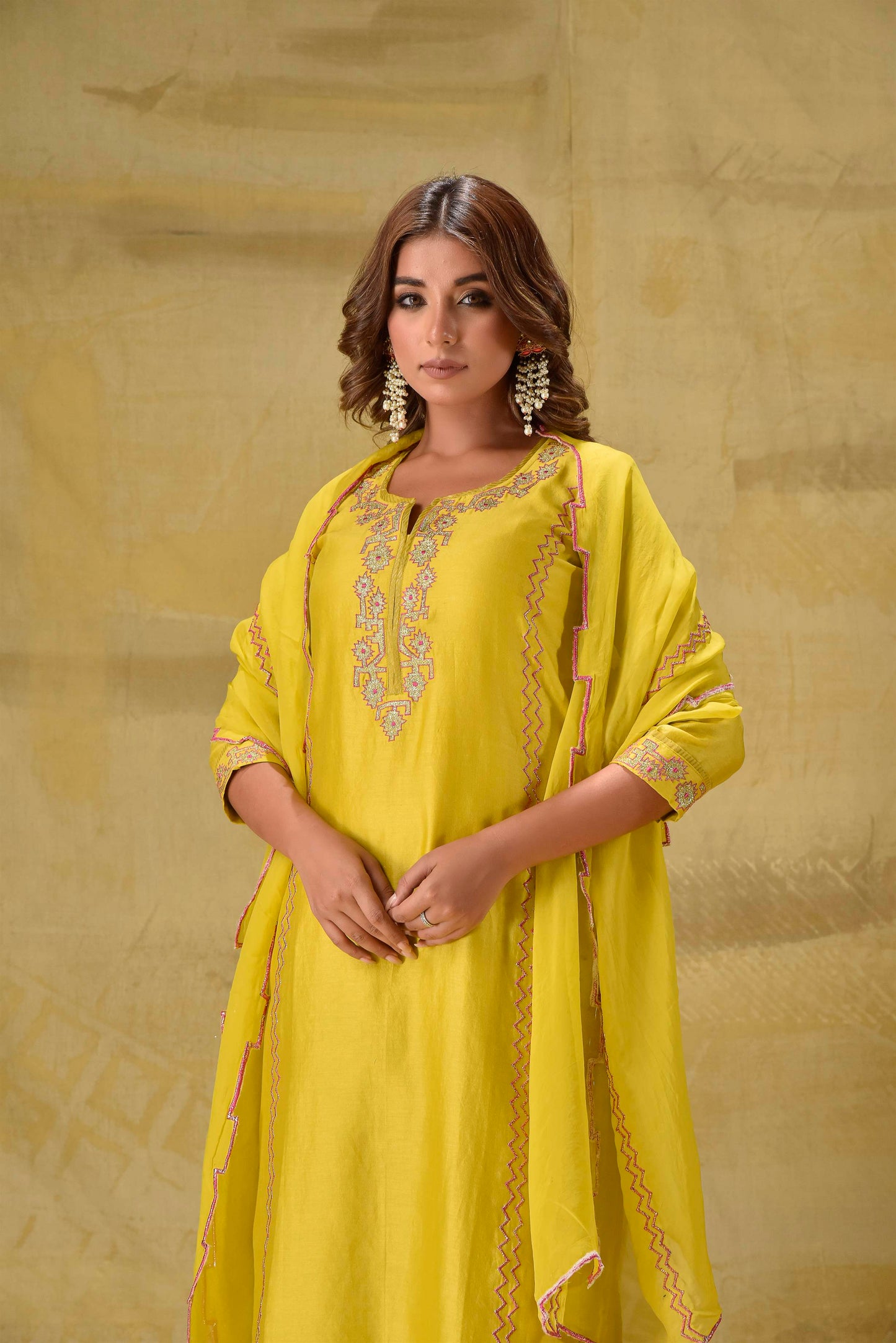Lime Yellow Badla Embroidered Suit Set