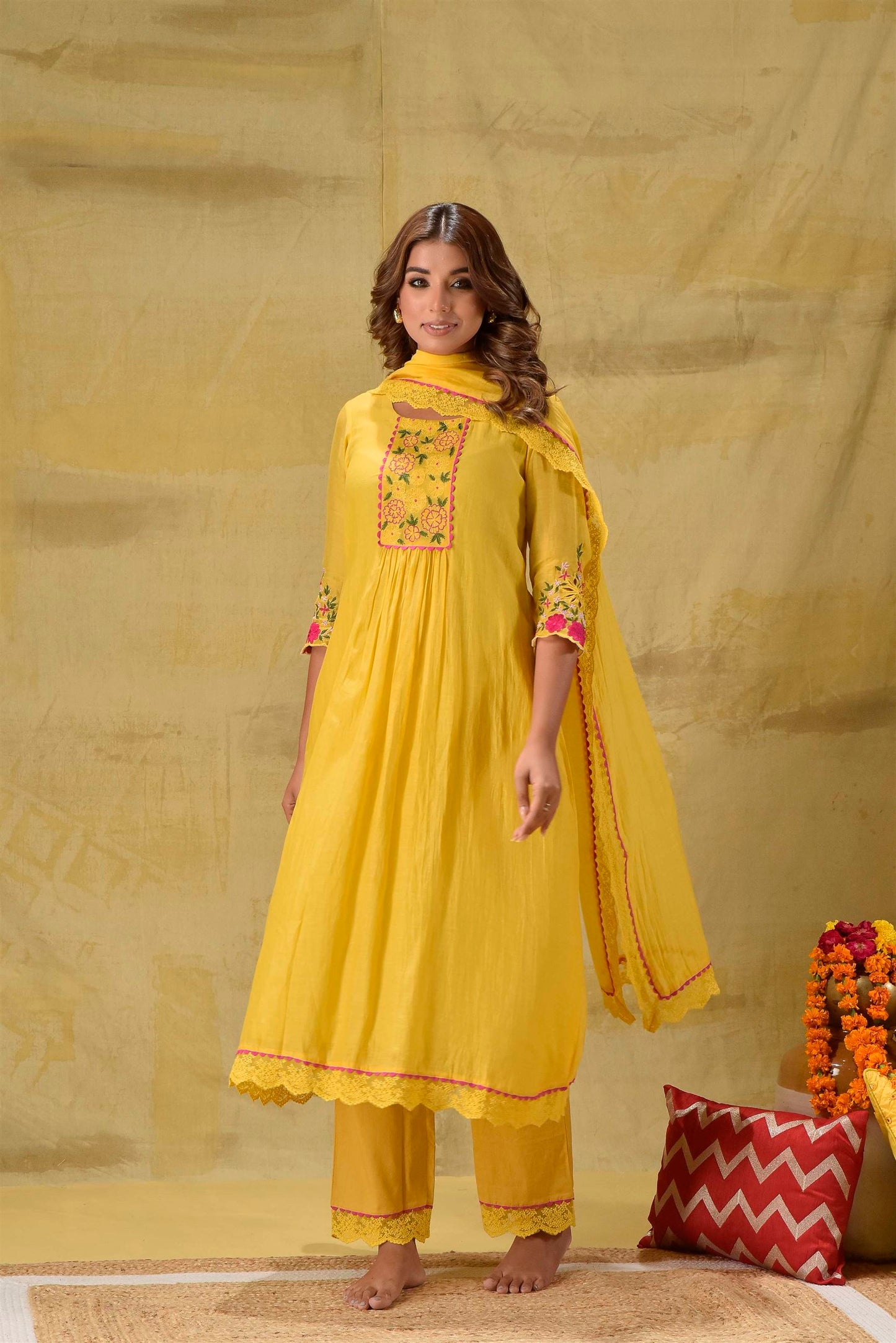Yellow Multicoloured Embroidery Suit Set