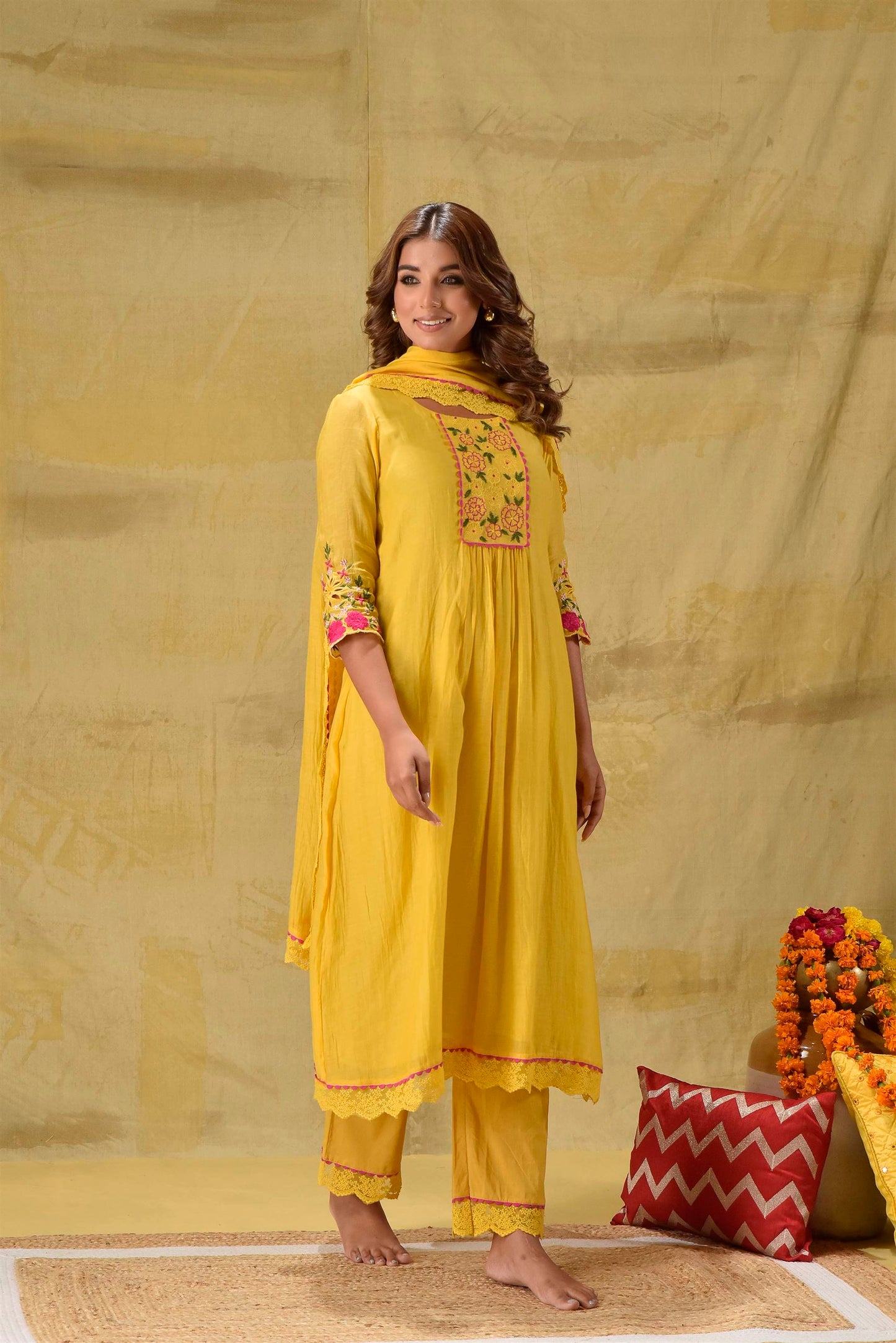 Yellow Multicoloured Embroidery Suit Set