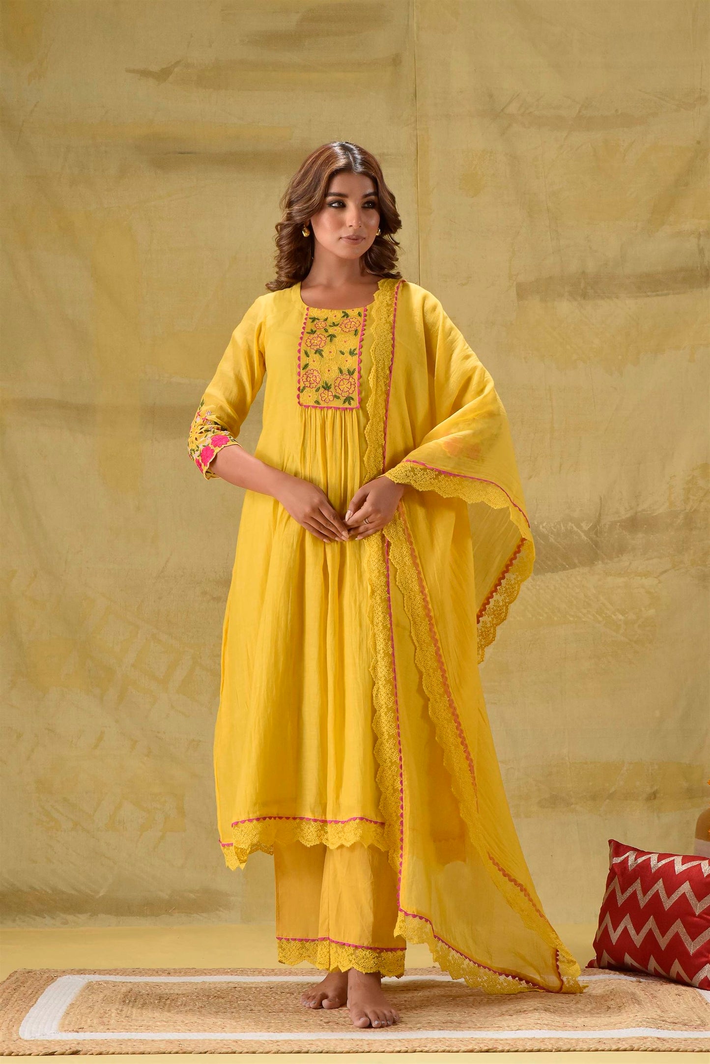 Yellow Multicoloured Embroidery Suit Set