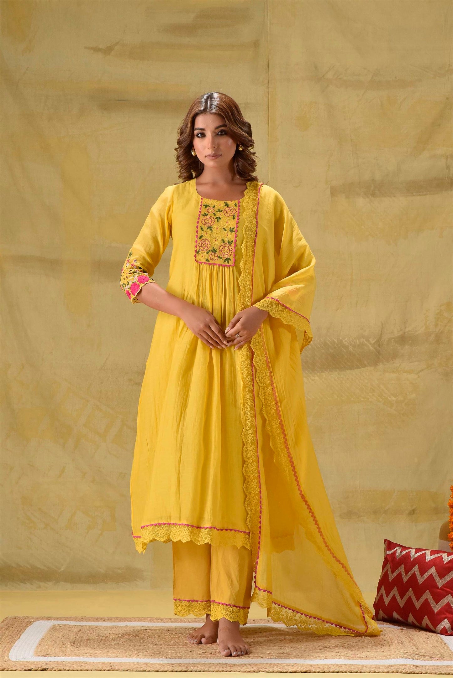 Yellow Multicoloured Embroidery Suit Set