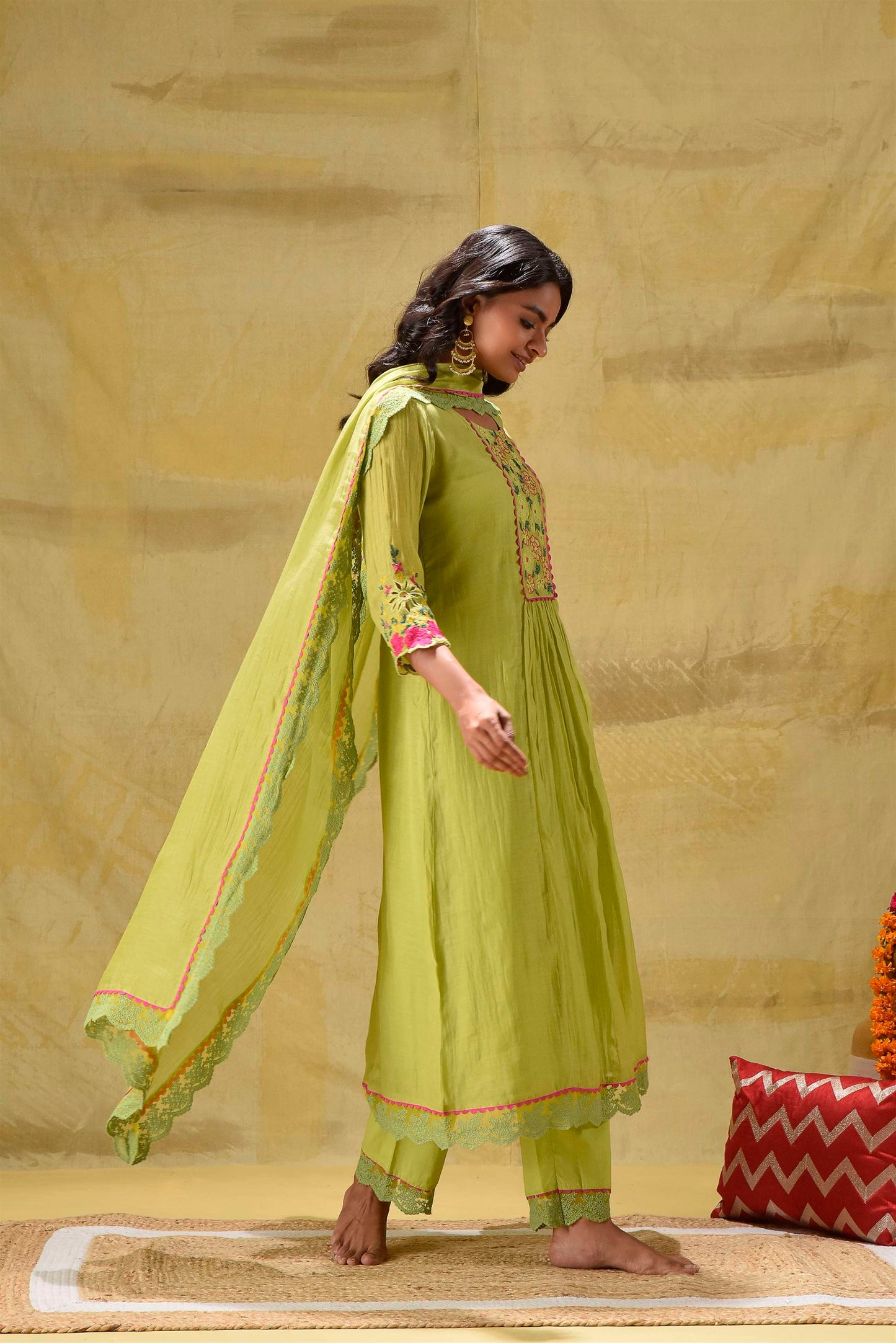 Lime Green Multicoloured Embroidery Suit Set