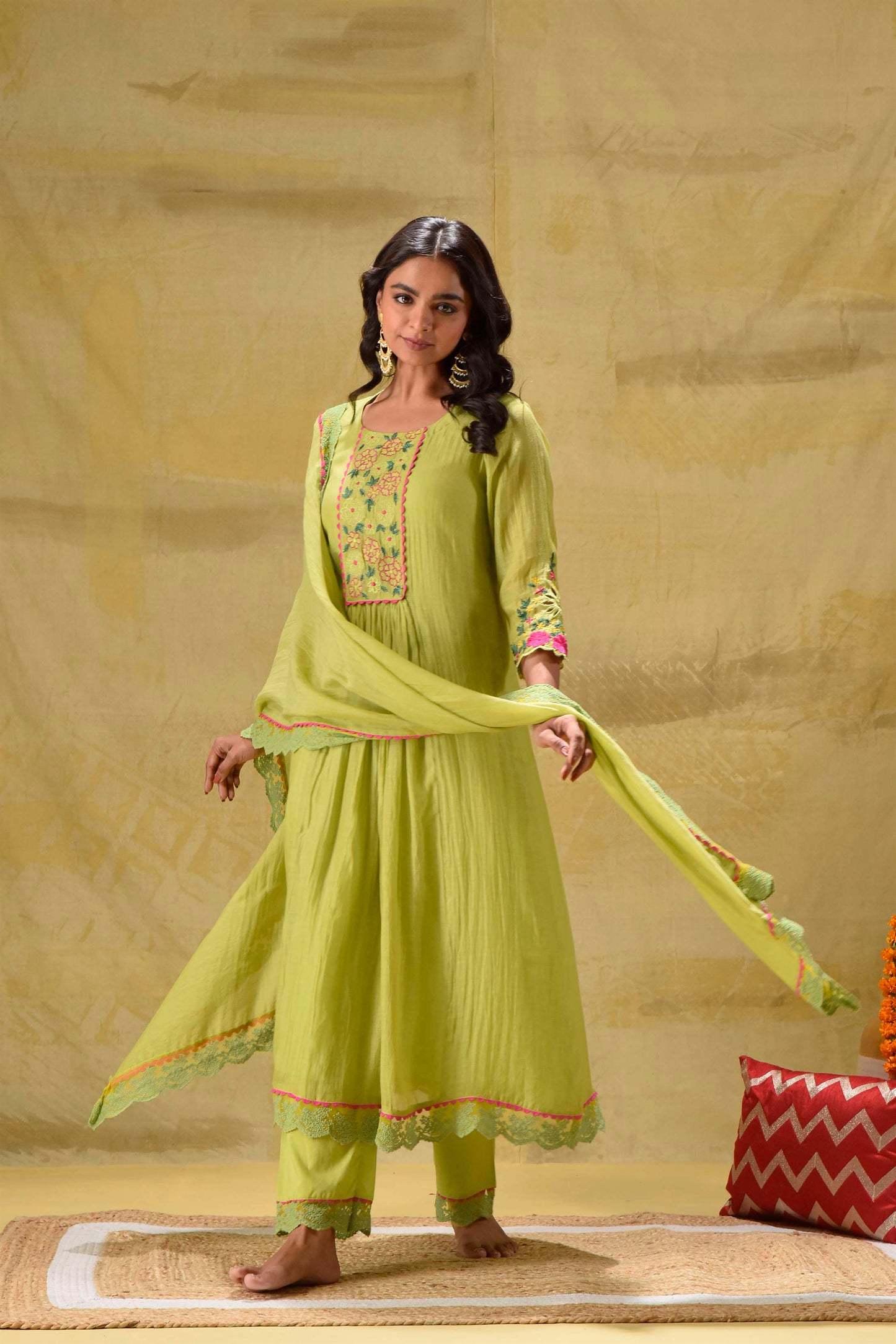 Lime Green Multicoloured Embroidery Suit Set