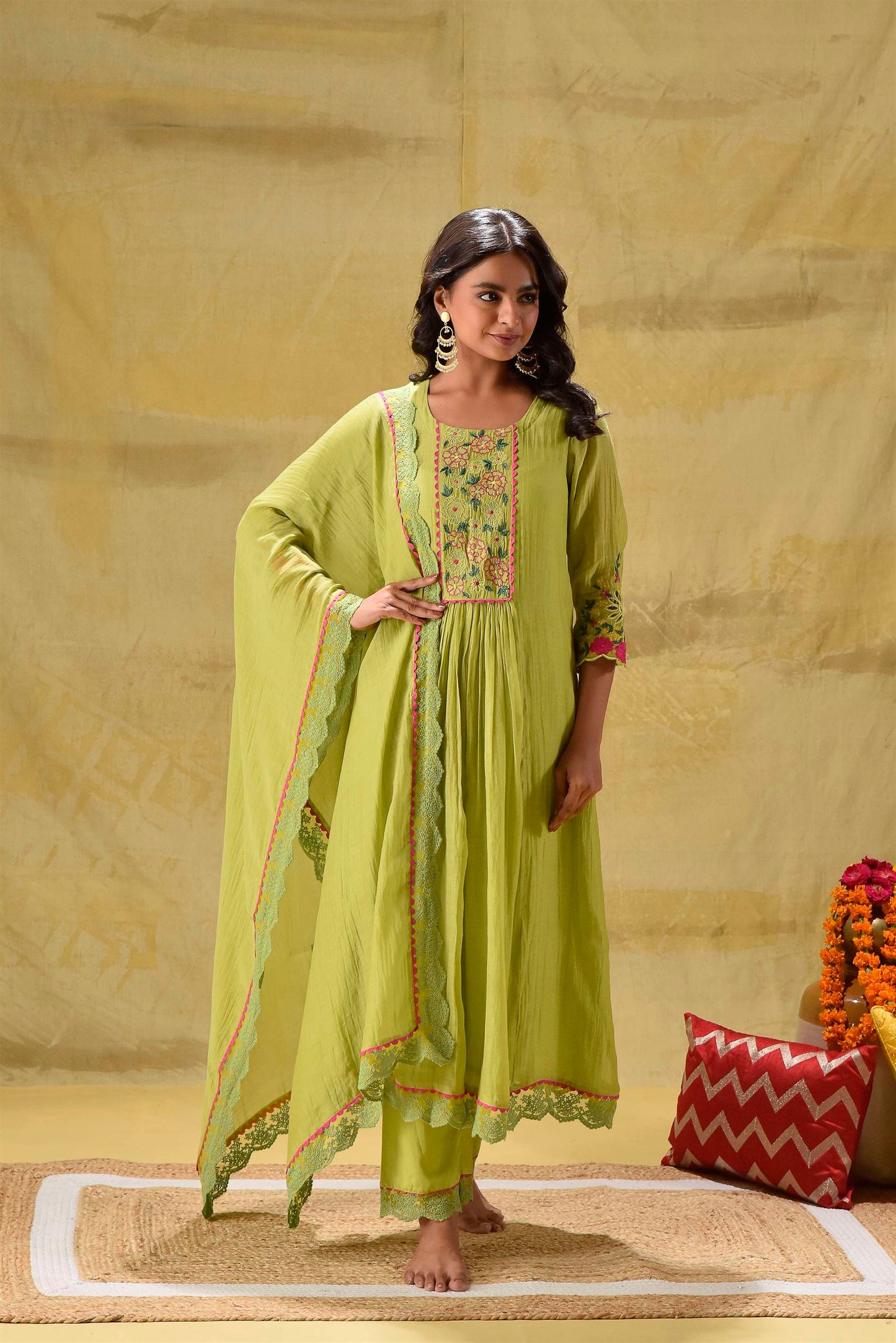 Lime Green Multicoloured Embroidery Suit Set