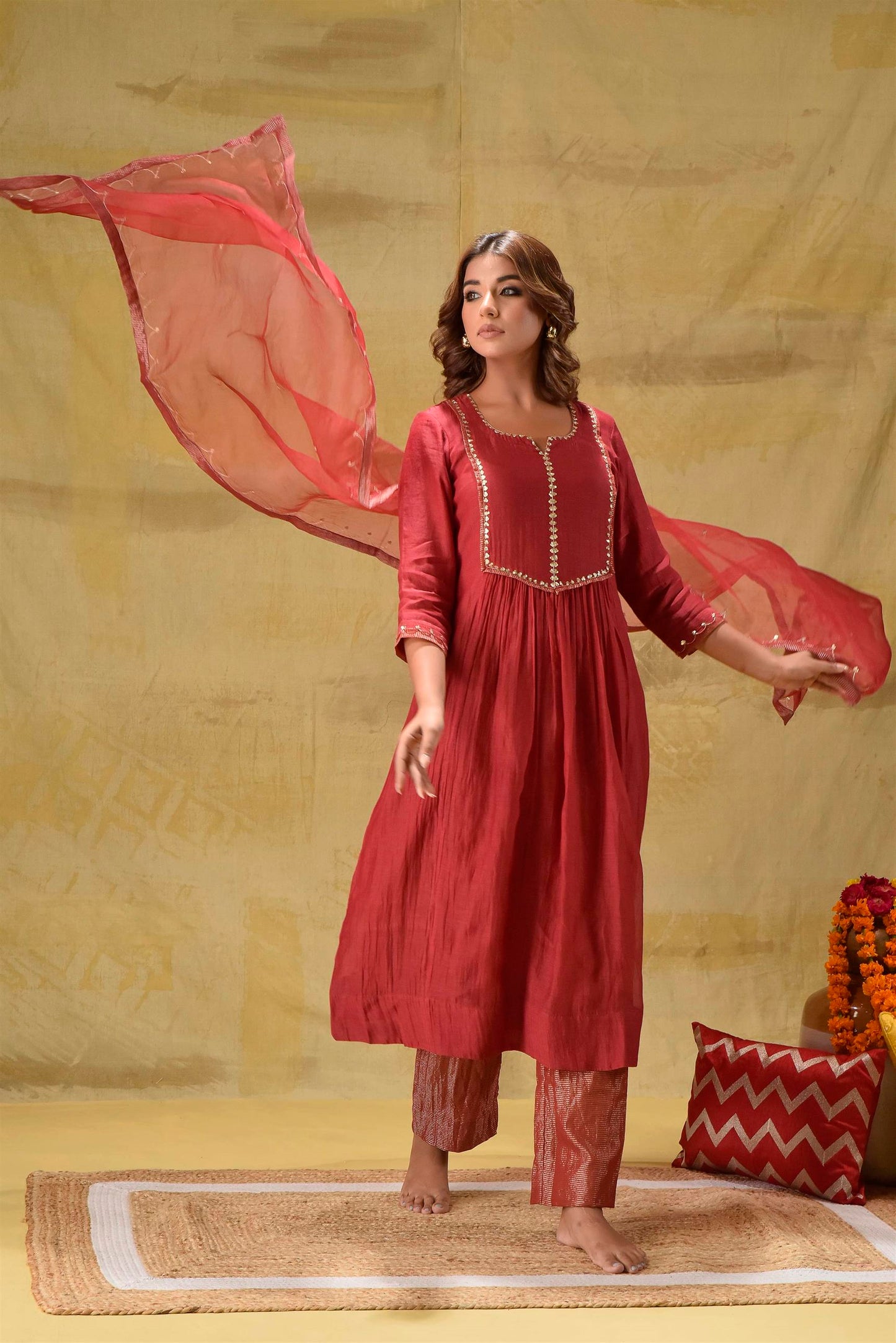 Deep Red Suit with Tissue Zari Pants