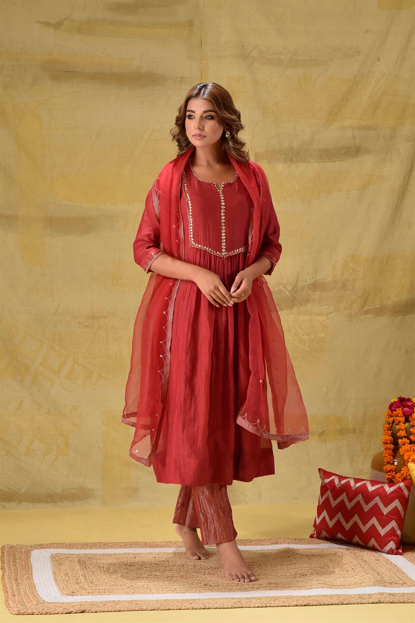 Deep Red Suit with Tissue Zari Pants