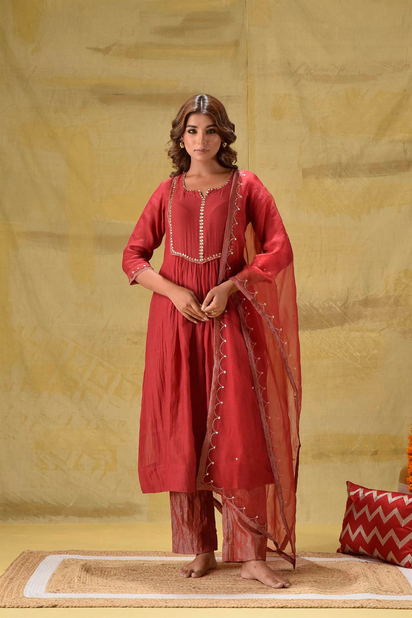 Deep Red Suit with Tissue Zari Pants