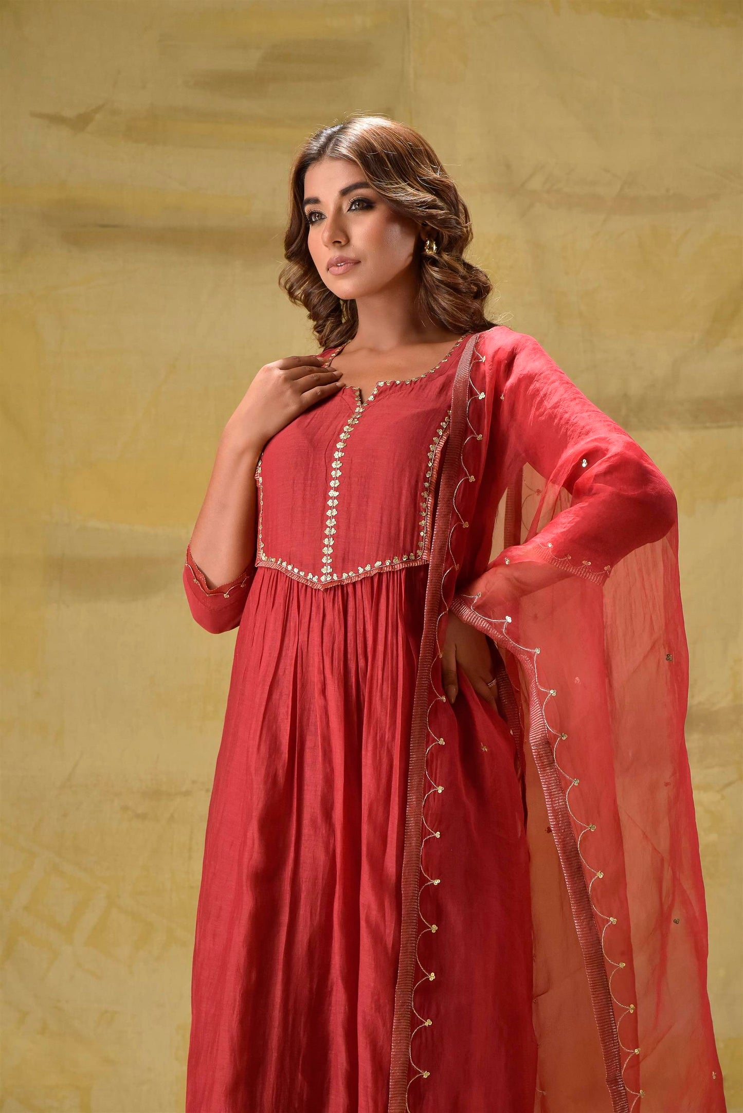Deep Red Suit with Tissue Zari Pants