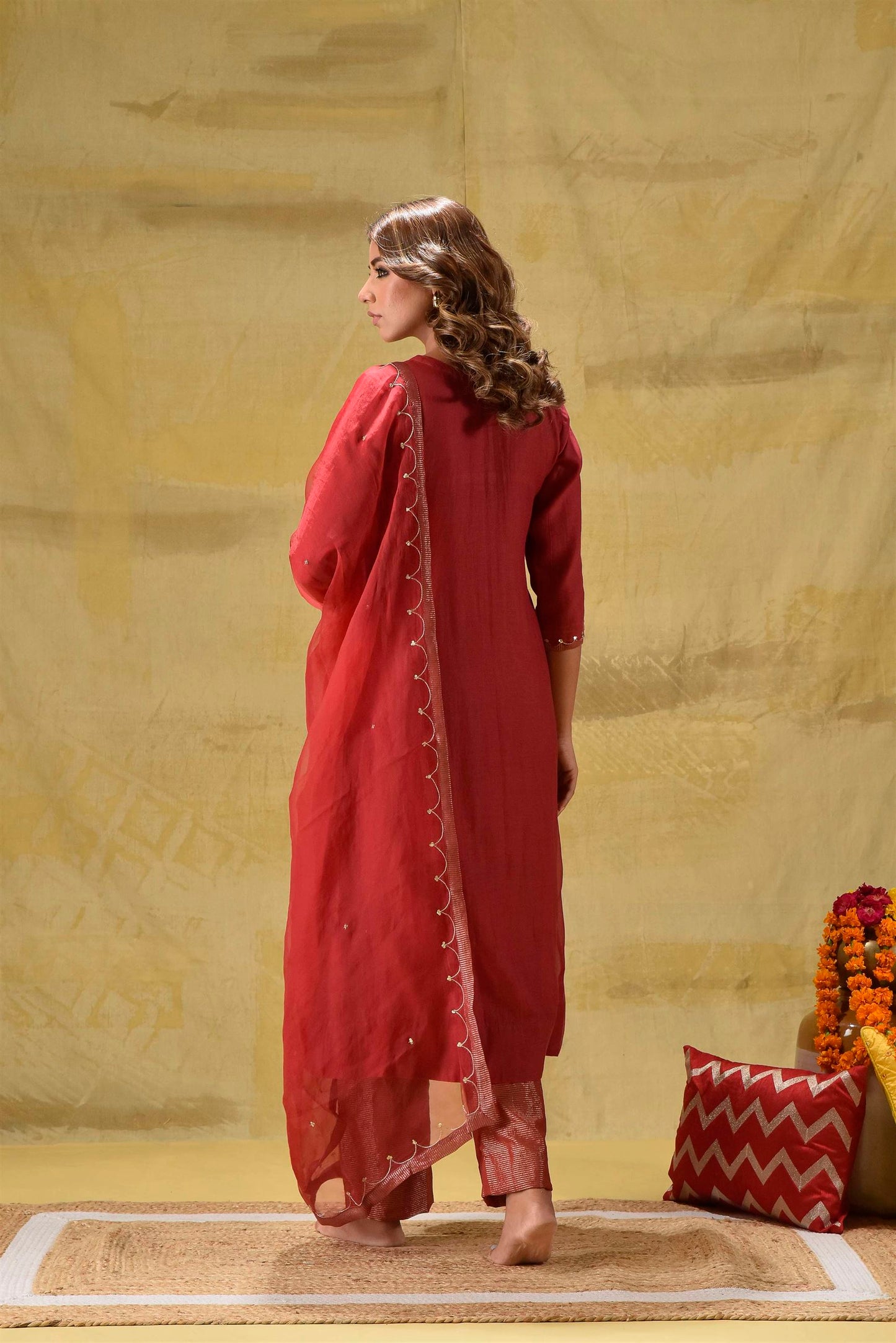 Deep Red Suit with Tissue Zari Pants