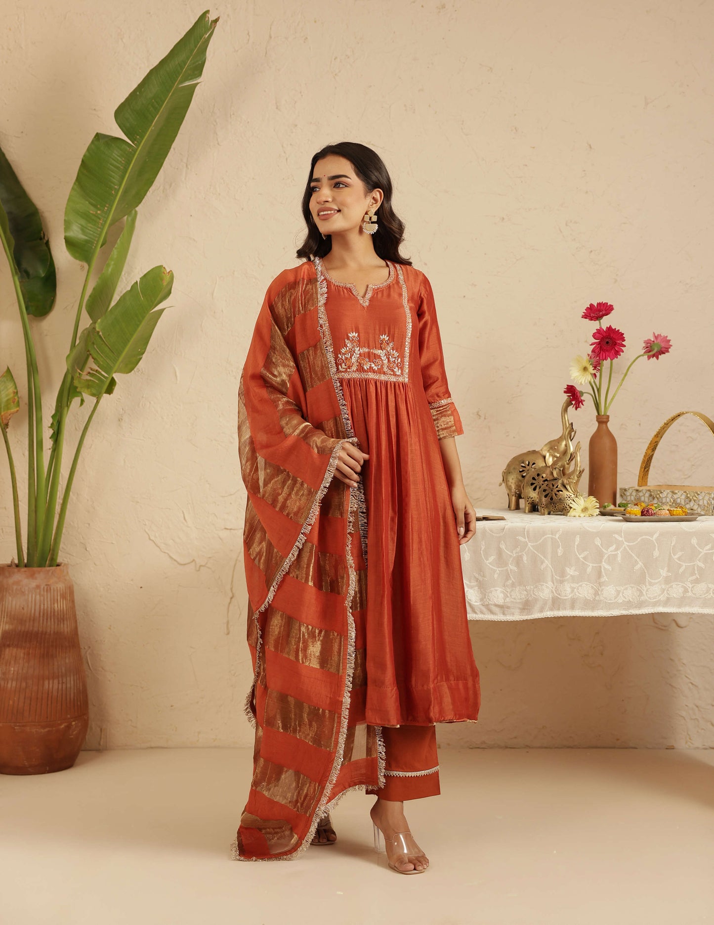Rust Hand Embroidered Suit with Tissue Striped Dupatta