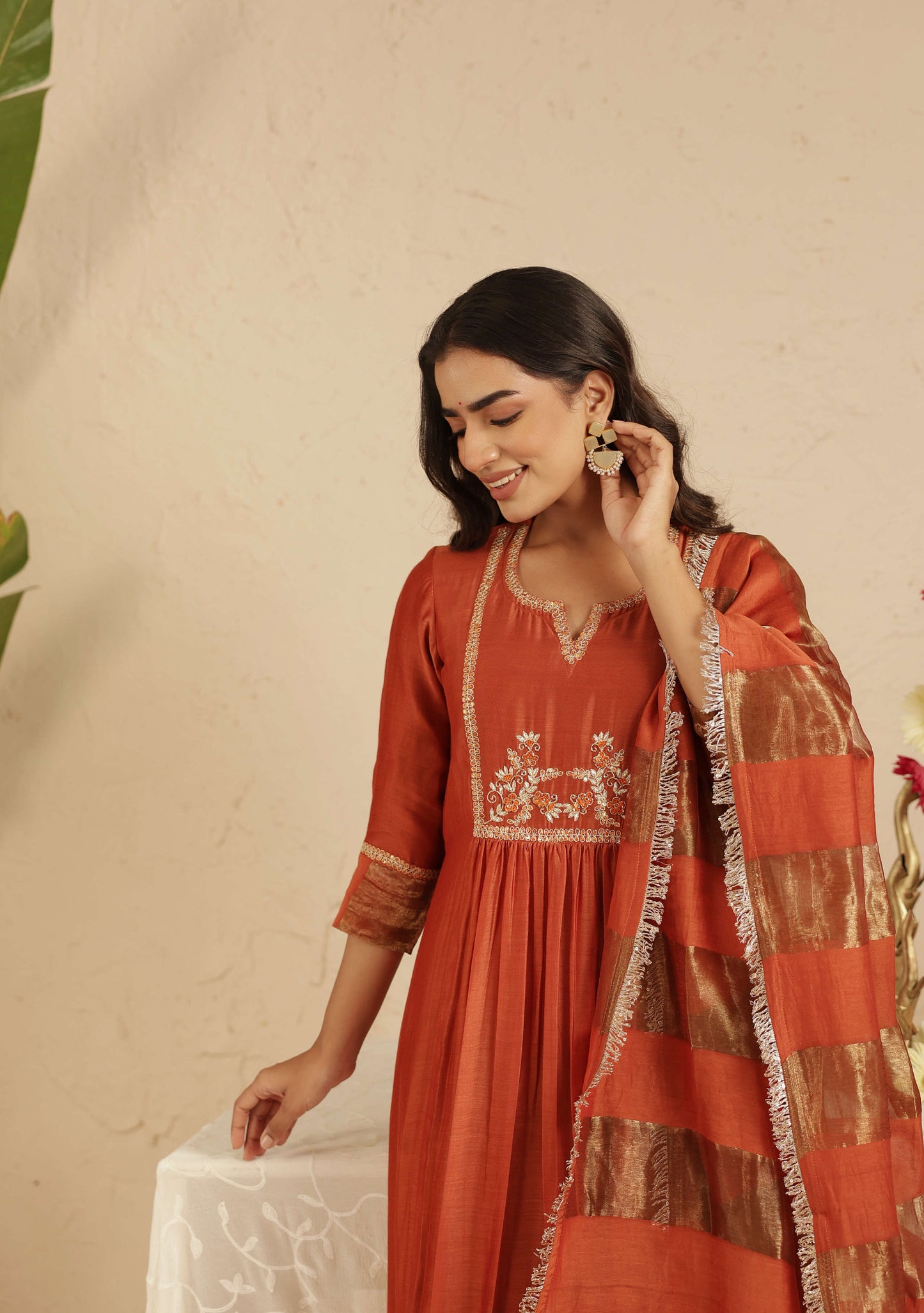 Rust Hand Embroidered Suit with Tissue Striped Dupatta