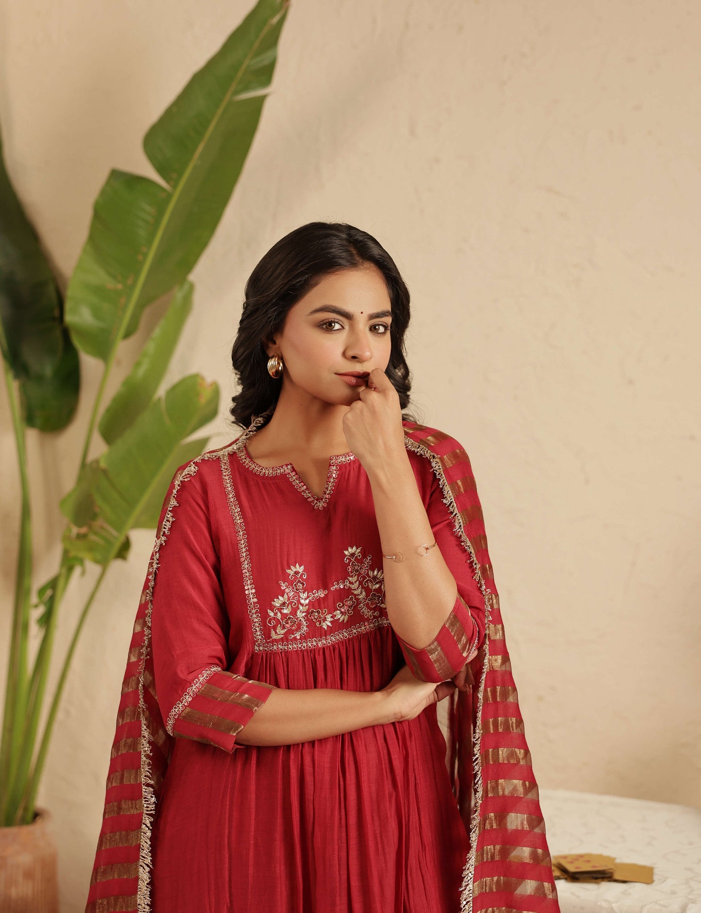 Maroon Hand Embroidered Suit with Tissue Striped Dupatta