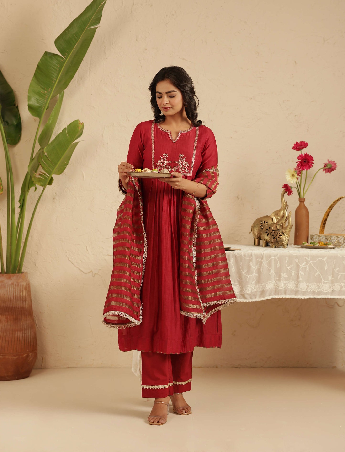 Maroon Hand Embroidered Suit with Tissue Striped Dupatta