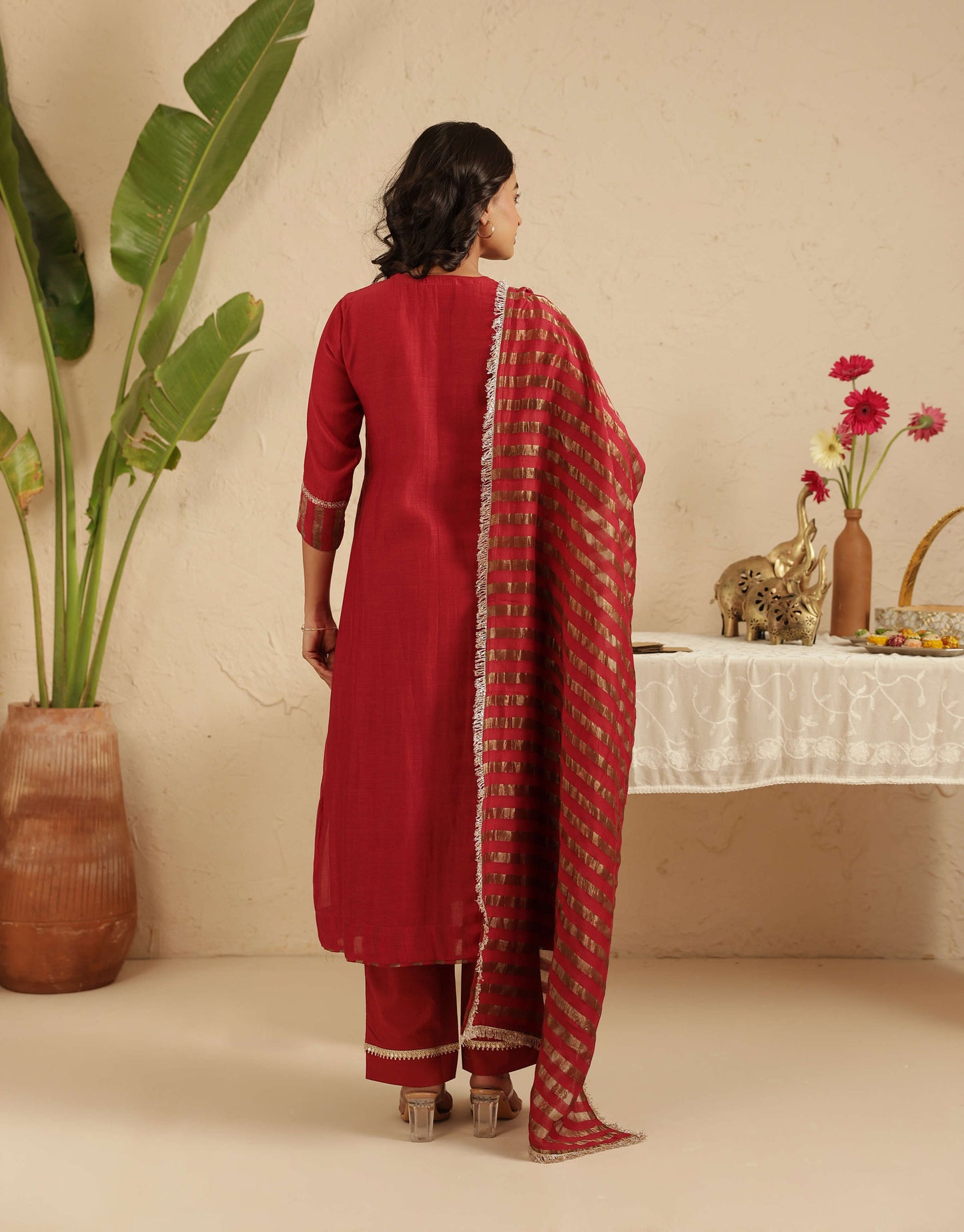 Maroon Hand Embroidered Suit with Tissue Striped Dupatta
