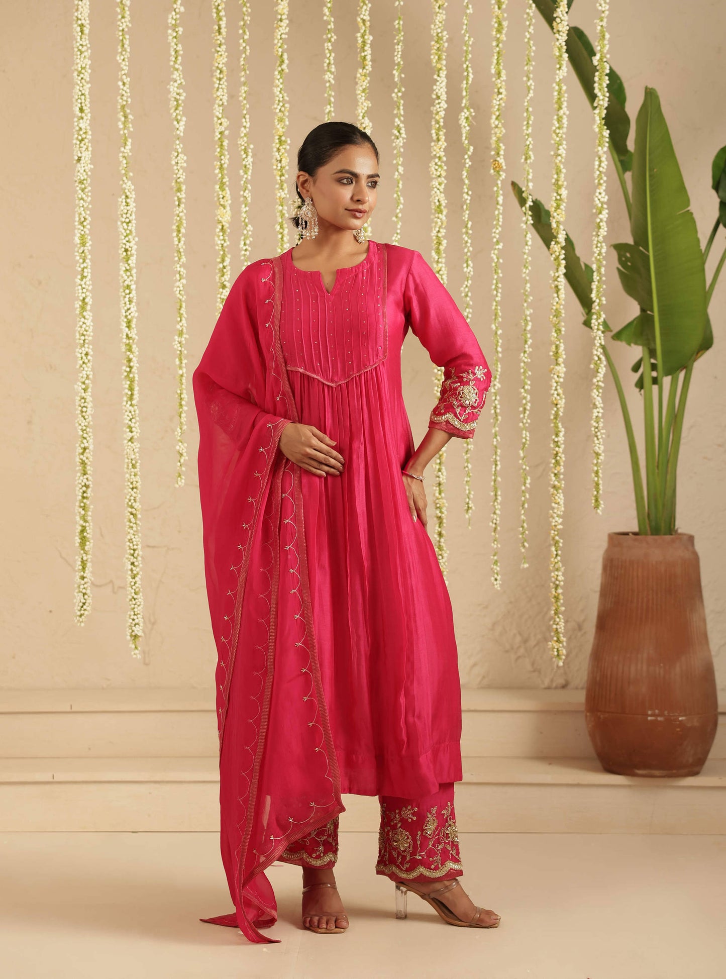 Hot Pink Top and Bottom Hand Embroidered Set