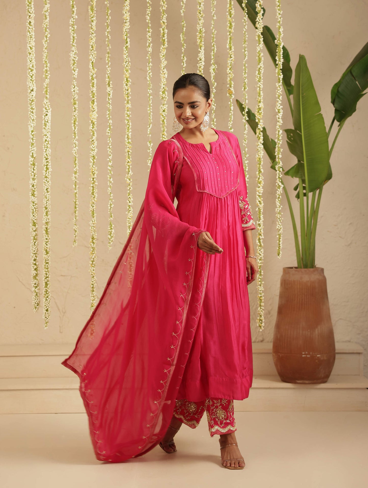 Hot Pink Top and Bottom Hand Embroidered Set