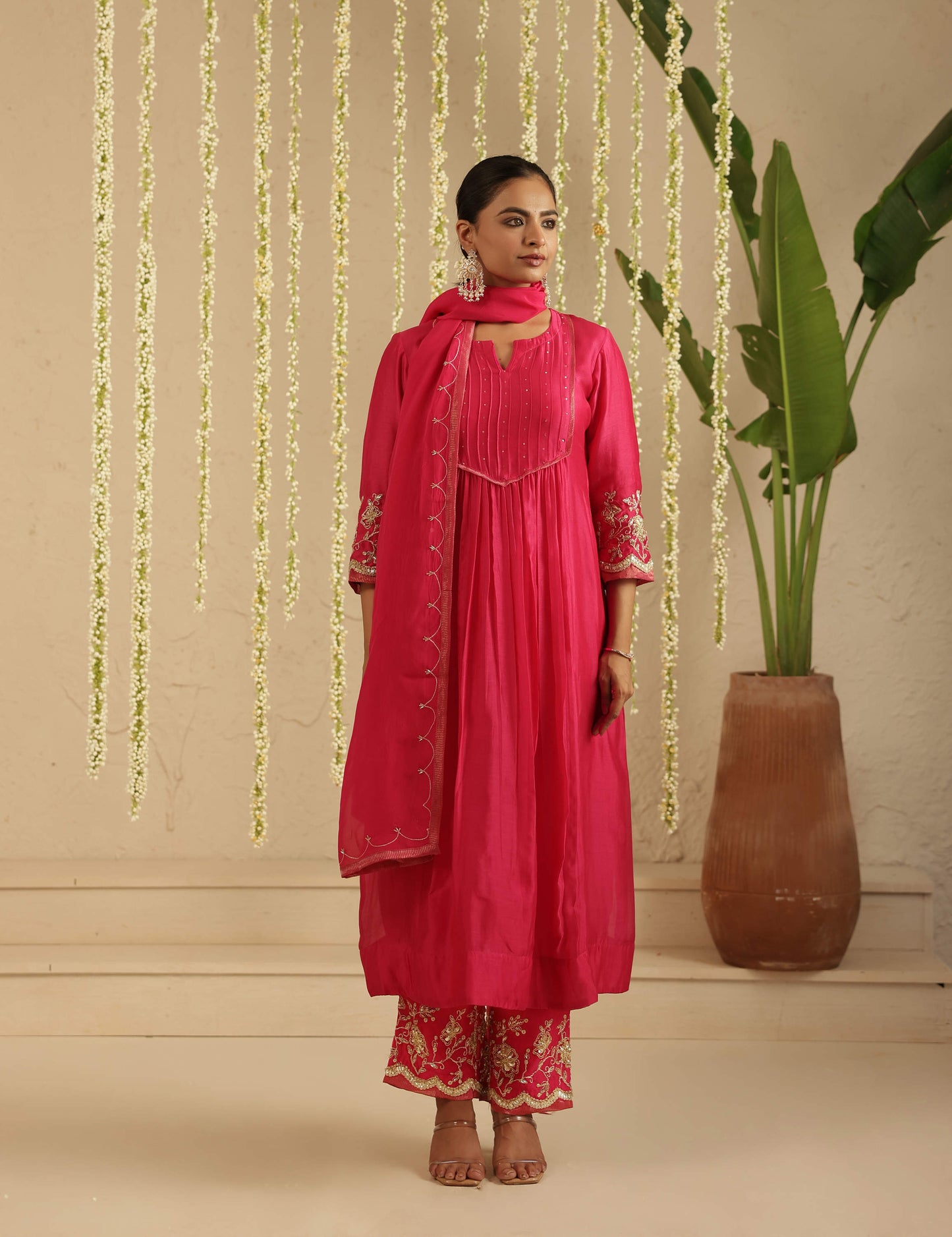 Hot Pink Top and Bottom Hand Embroidered Set