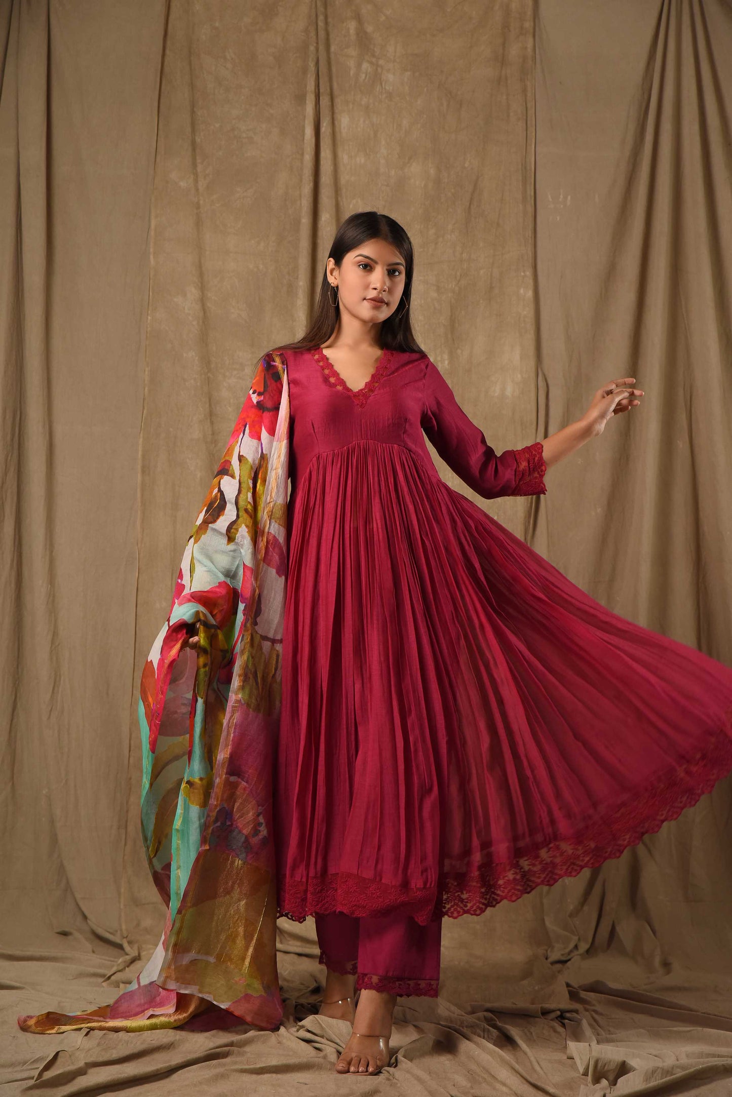 Deep Magenta Anarkali With Digitally Printed Dupatta