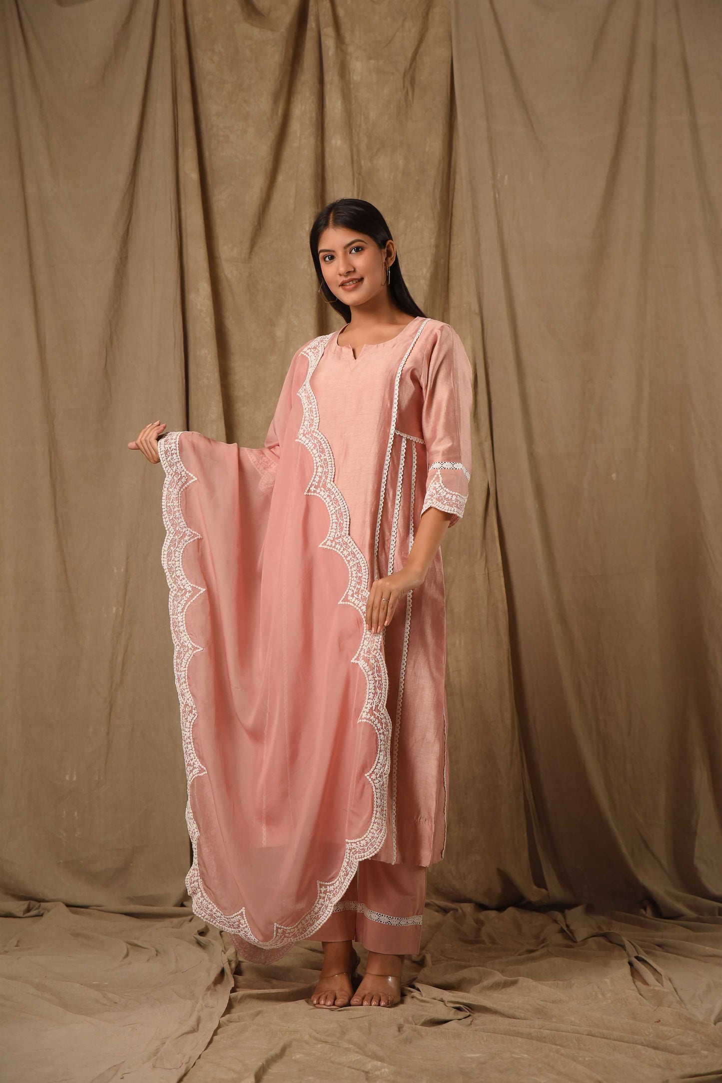 Dusty Peach A-Line Suit Set With Scaloped Dupatta