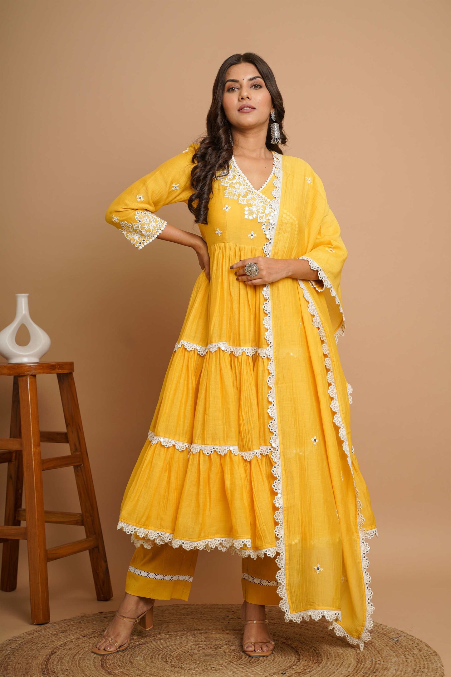 Yellow Mirror Work Anarkali