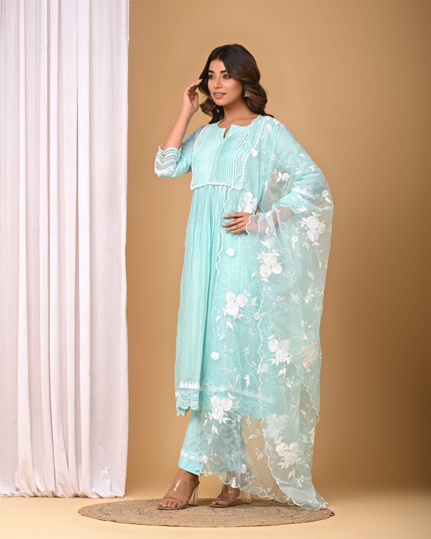 Sea Green Pintucks Suit set with embroidered Organza Dupatta