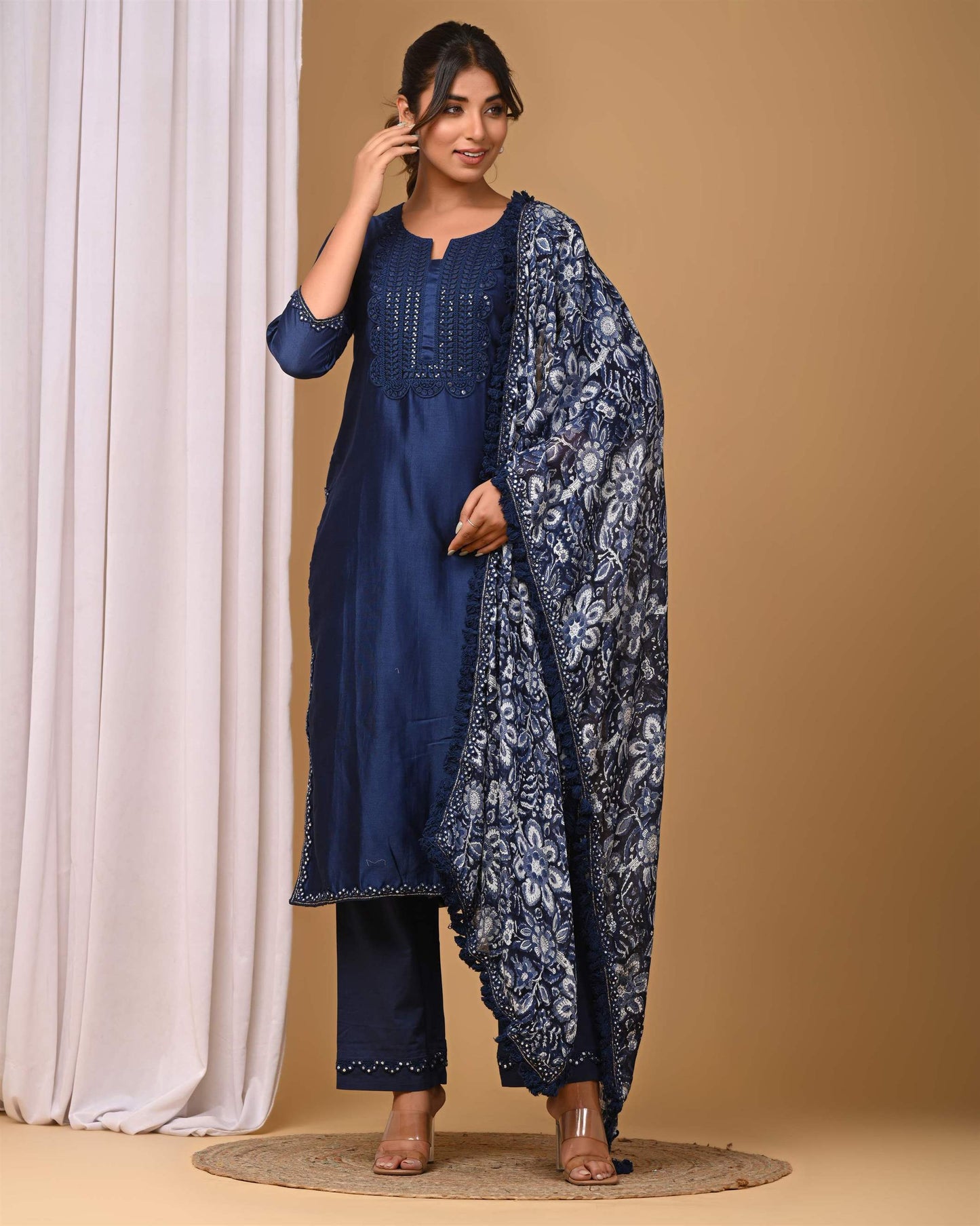 Navy Straight suit set with Chiffon dupatta