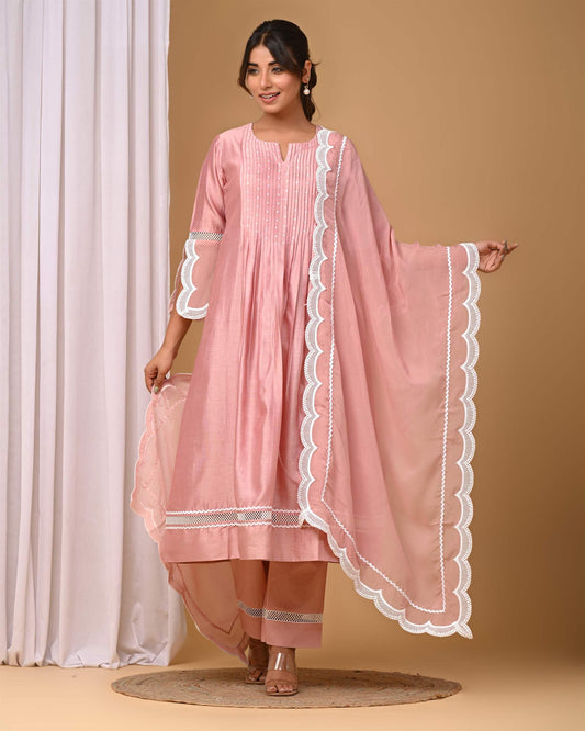 Dusty Peach Front Pintucks Suit Set with organza Sleeves