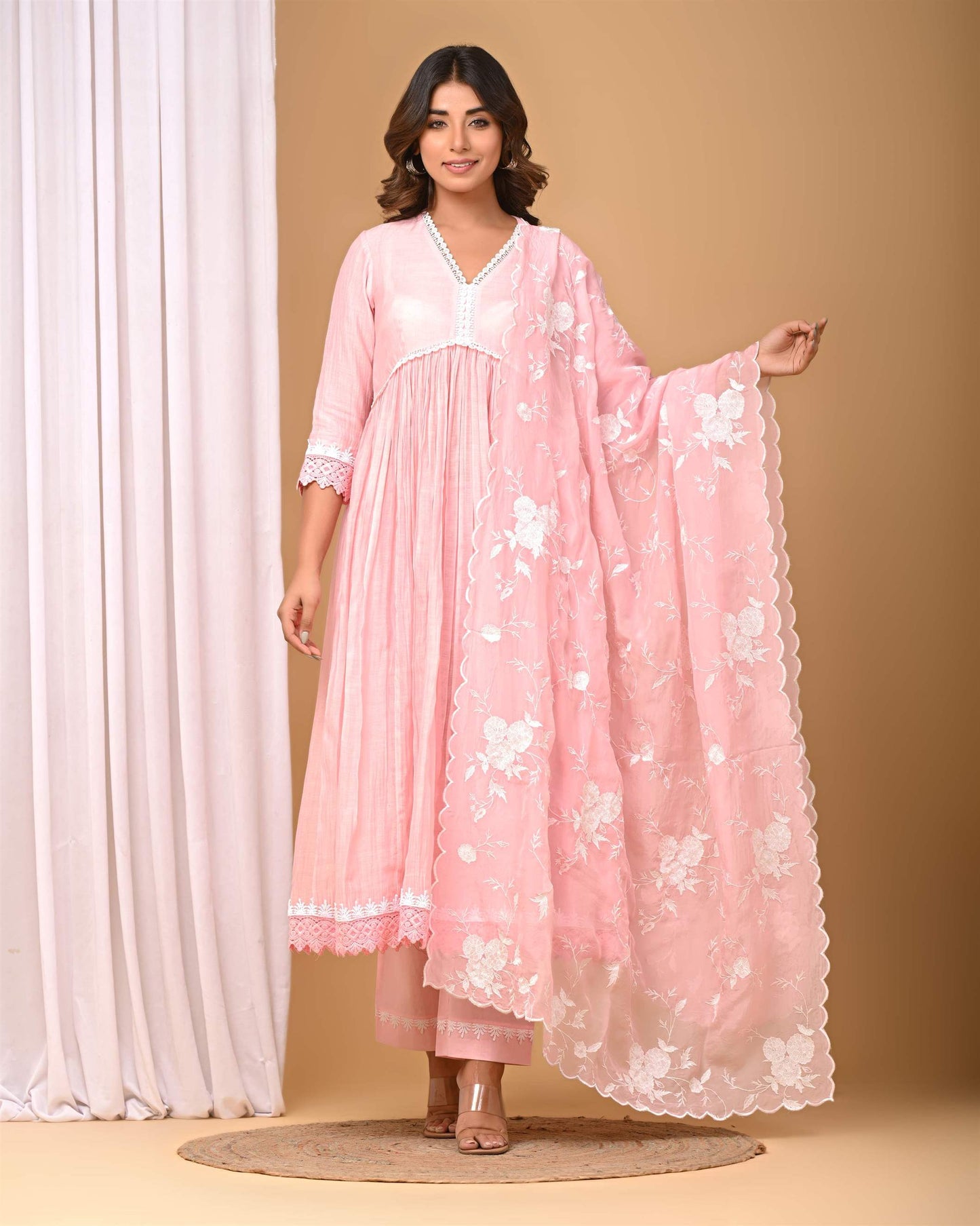 Blush Pink Anarakli with Organza Embroidered Dupatta