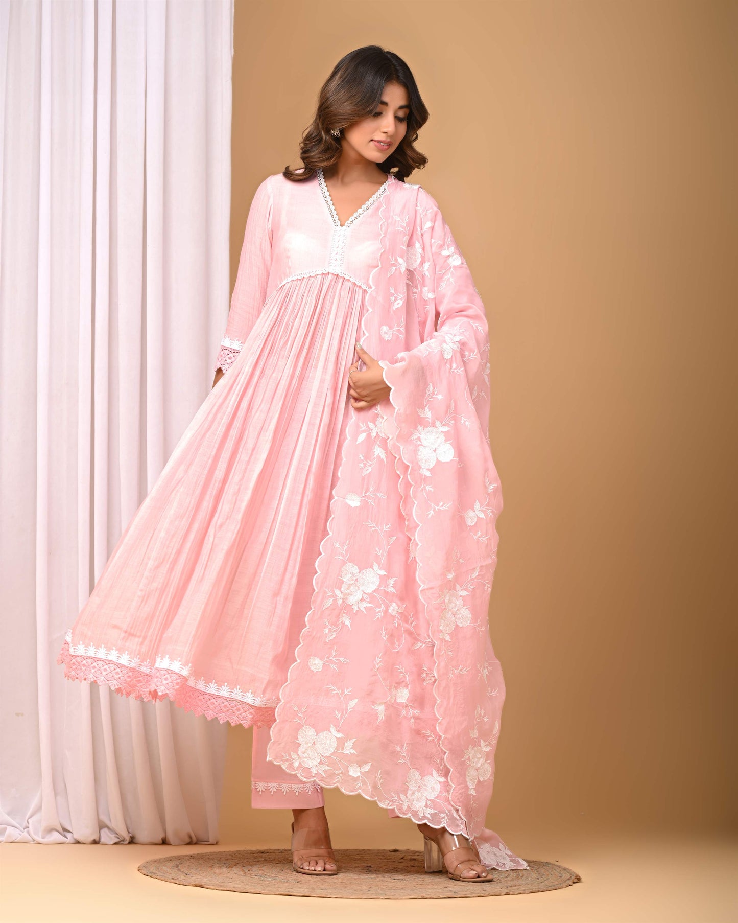 Blush Pink Anarakli with Organza Embroidered Dupatta