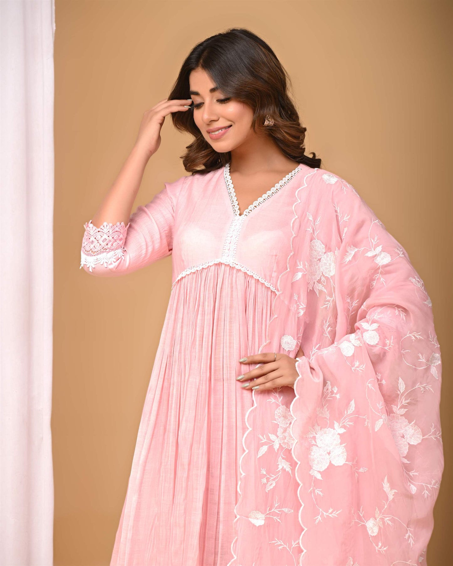 Blush Pink Anarakli with Organza Embroidered Dupatta