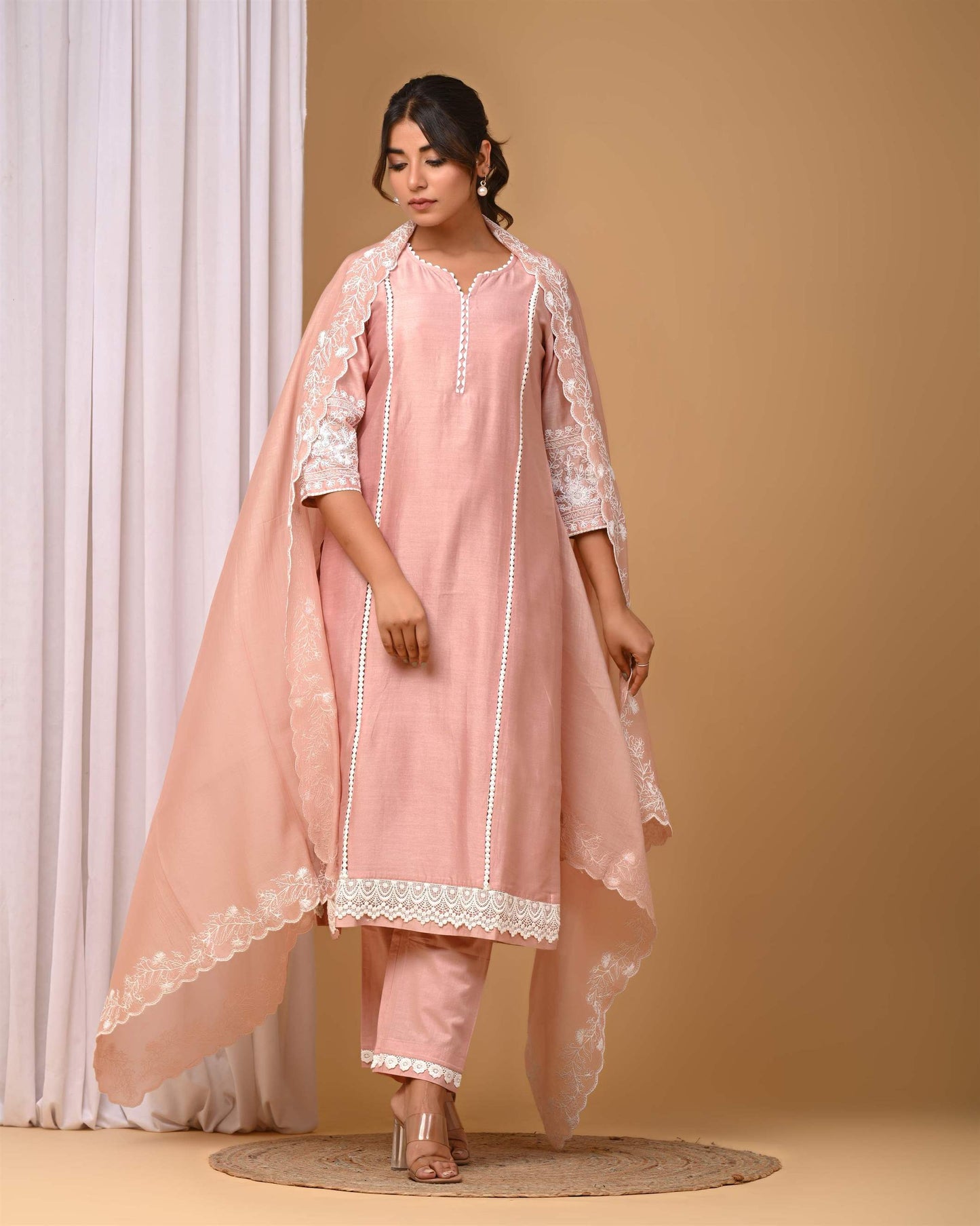 Dusty Peach Suit set with Embroidered sleeves and Dupatta