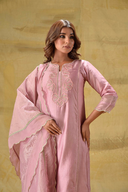 Dusty Peach Emroidered suit Set with Strped Dupatta