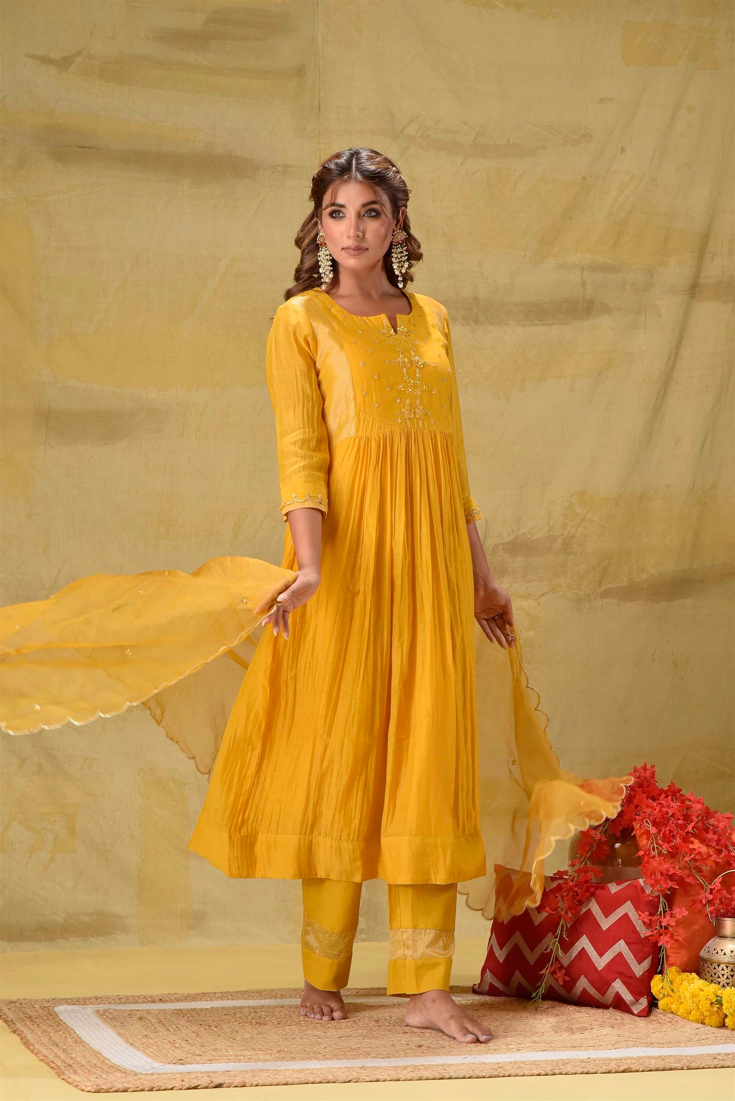 Deep Gold Hand Embroidered Suit Set