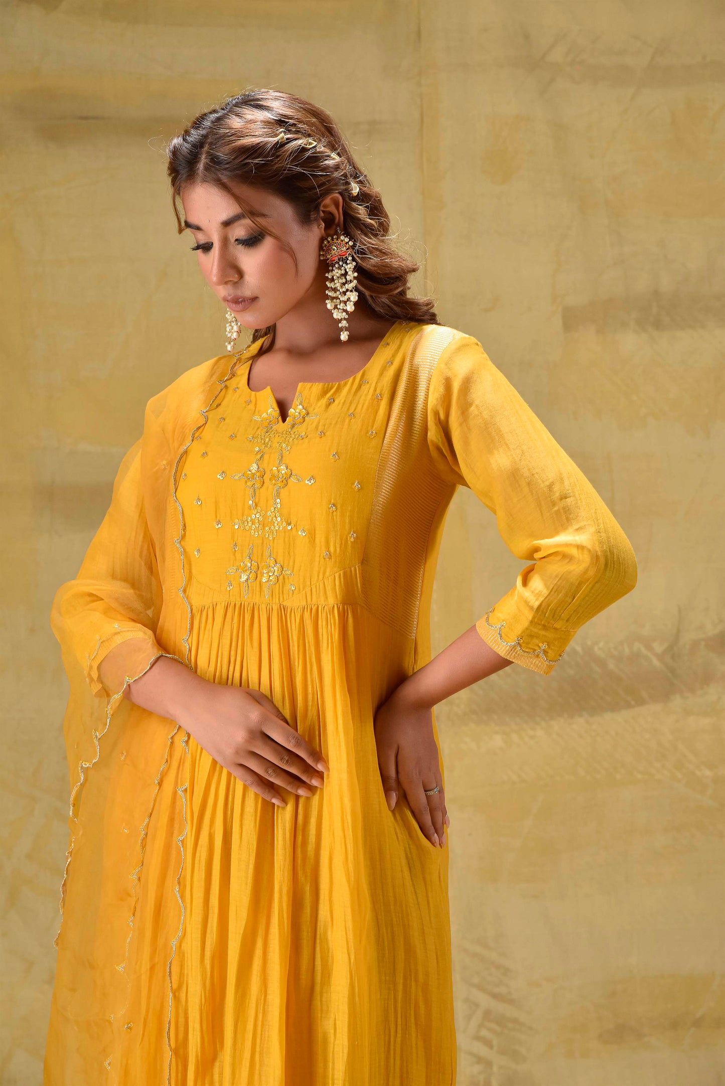 Deep Gold Hand Embroidered Suit Set