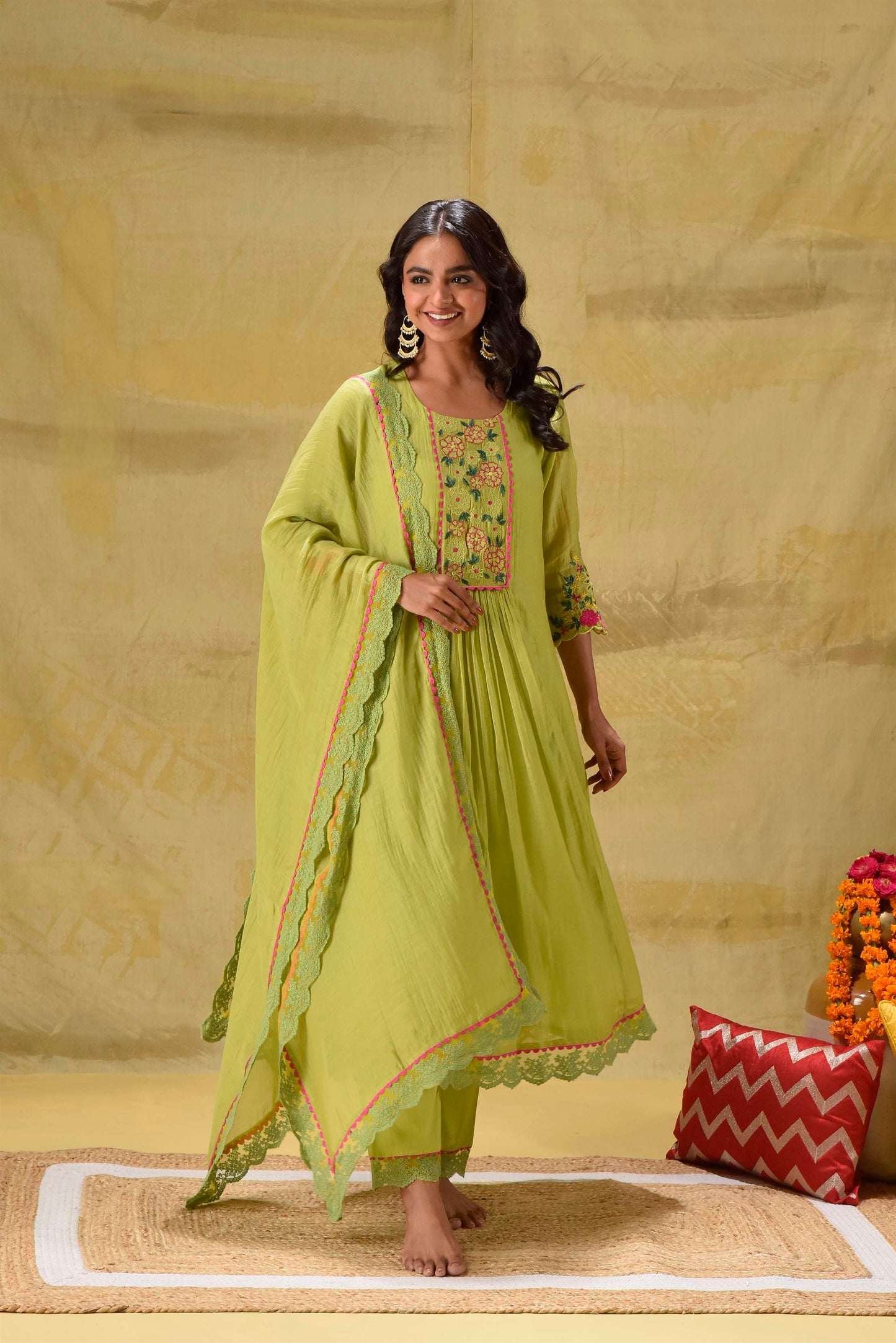 Lime Green Multicoloured Embroidery Suit Set