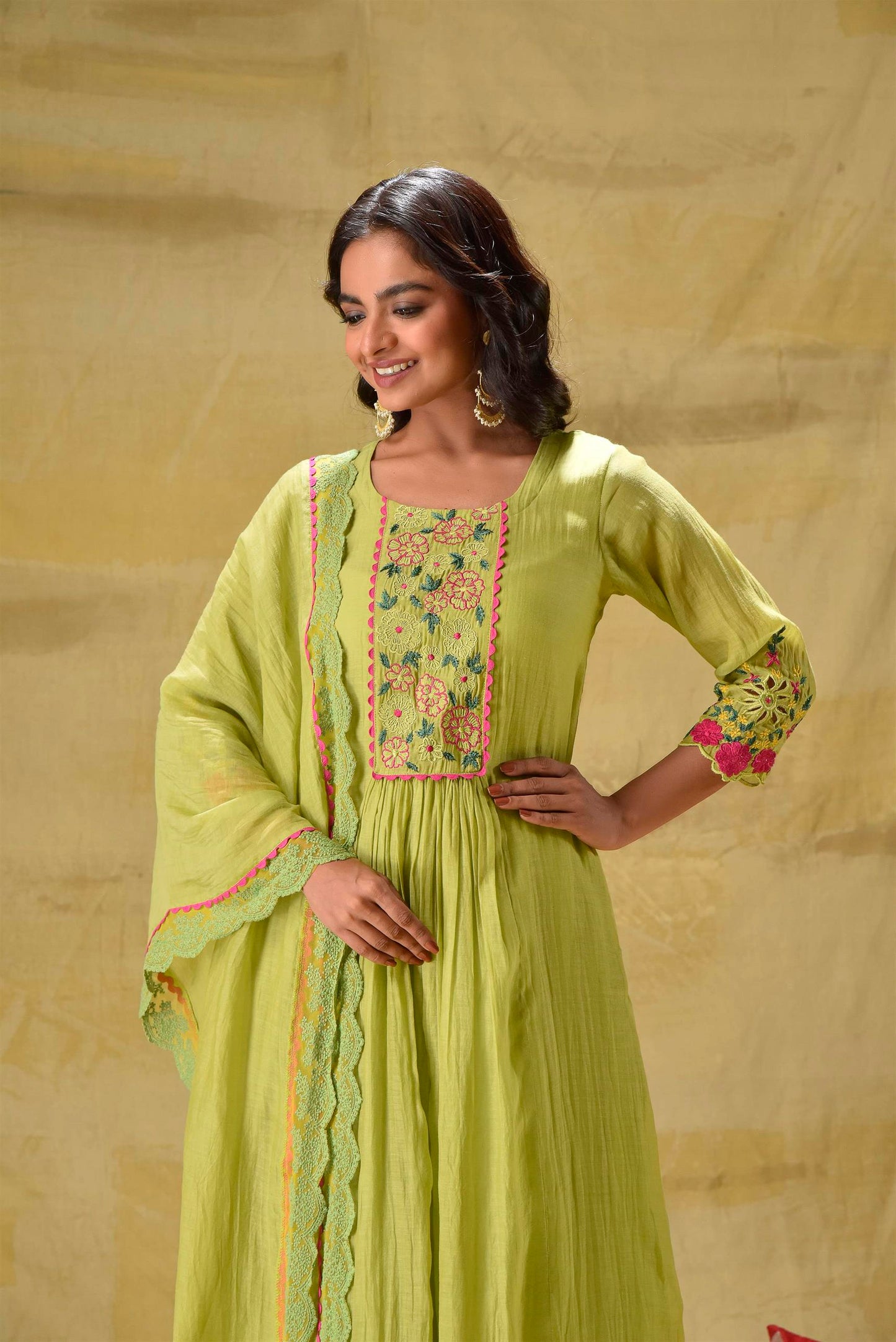 Lime Green Multicoloured Embroidery Suit Set