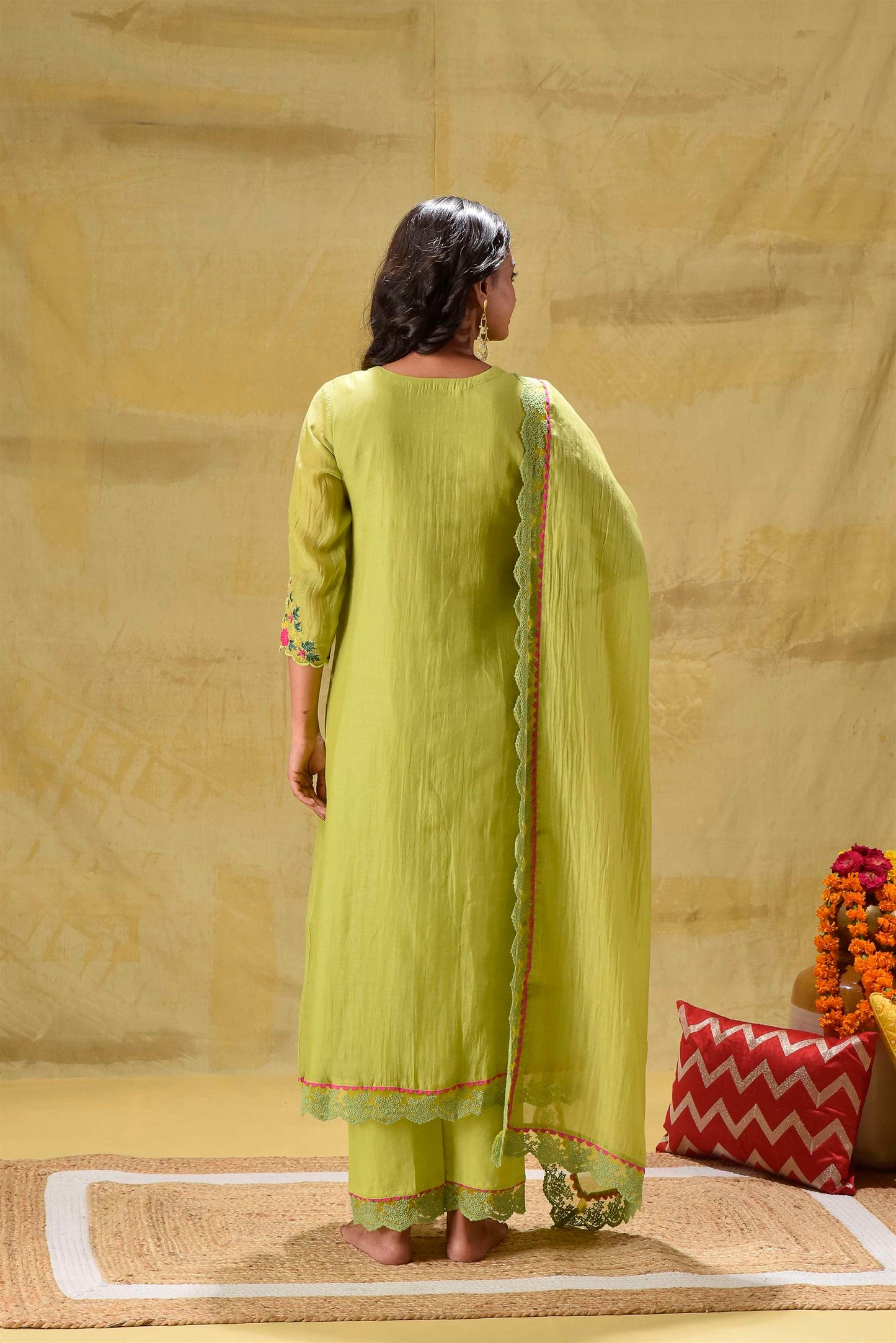 Lime Green Multicoloured Embroidery Suit Set