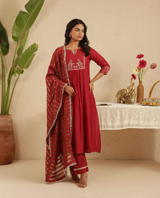 Maroon Hand Embroidered Suit with Tissue Striped Dupatta