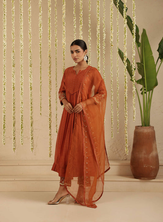 Rust Top and Bottom Hand Embroidered Set
