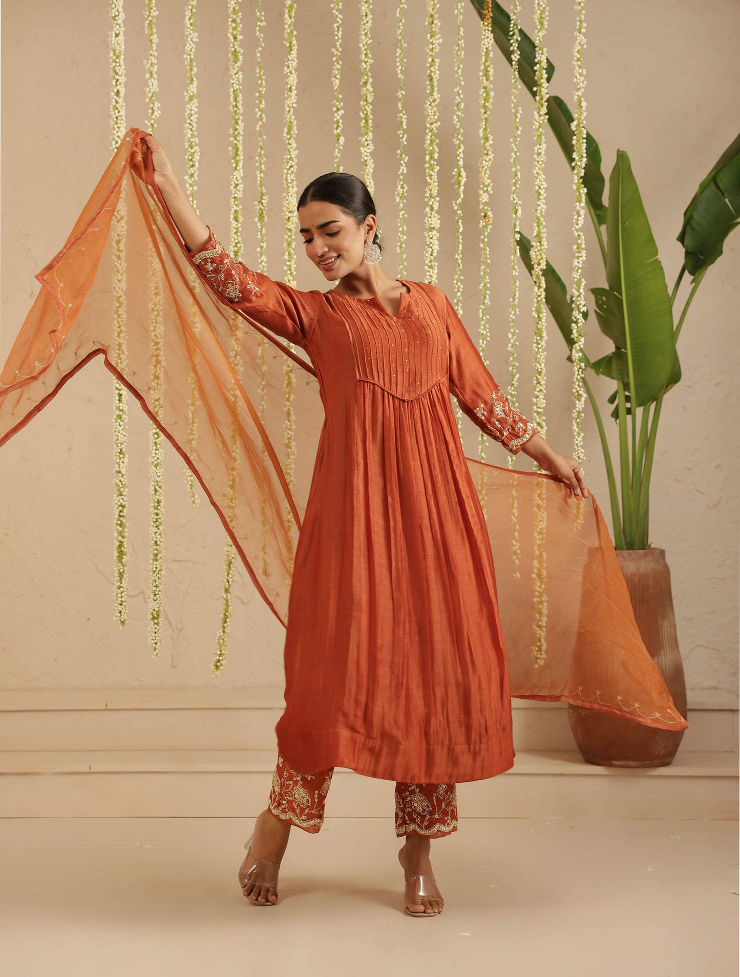 Rust Top and Bottom Hand Embroidered Set