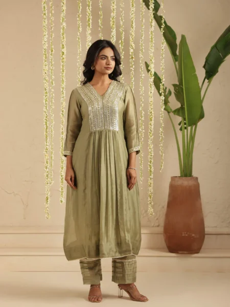 Gulabik Moss Green Sequin Work Ethnic Co‑Ord Set for Women