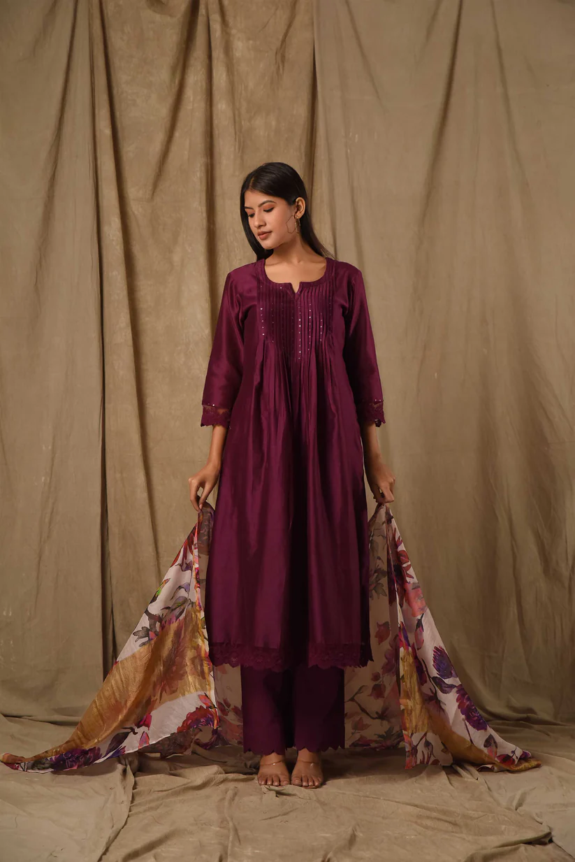 Gulabik Purple Pintucks Suit Set