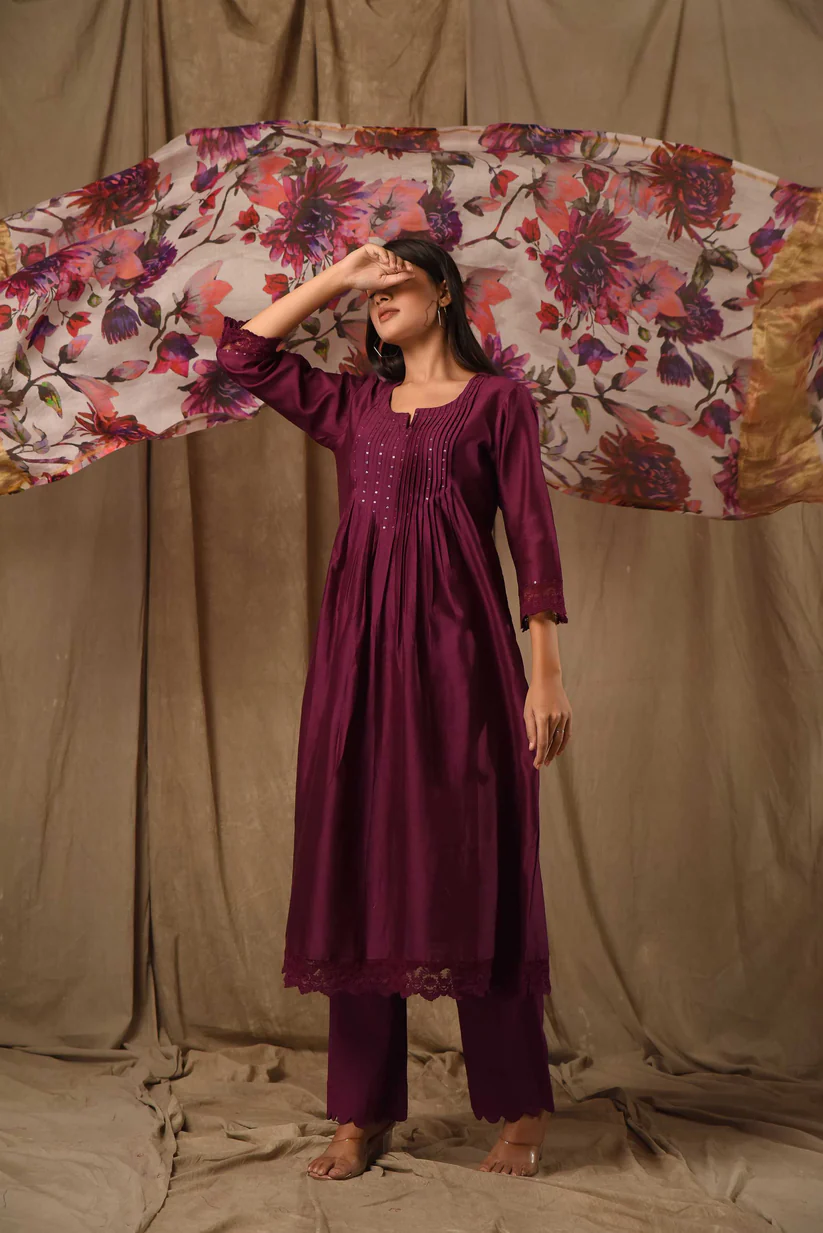 Gulabik Purple Pintucks Suit Set