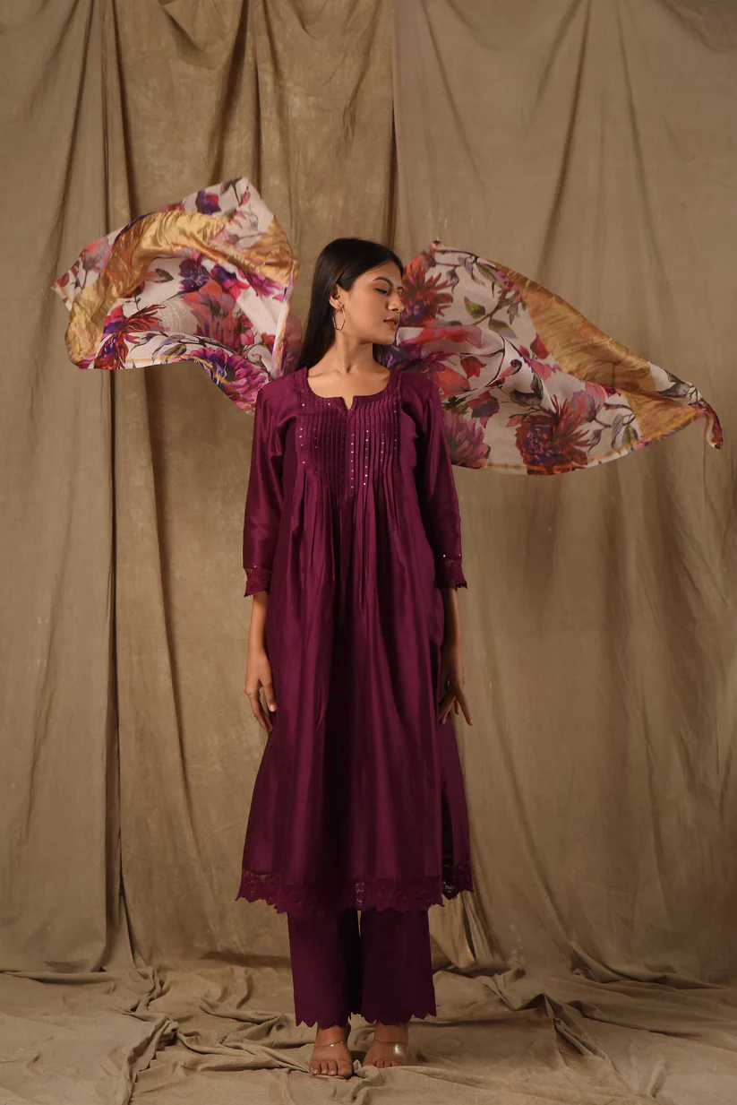 Gulabik Purple Pintucks Suit Set