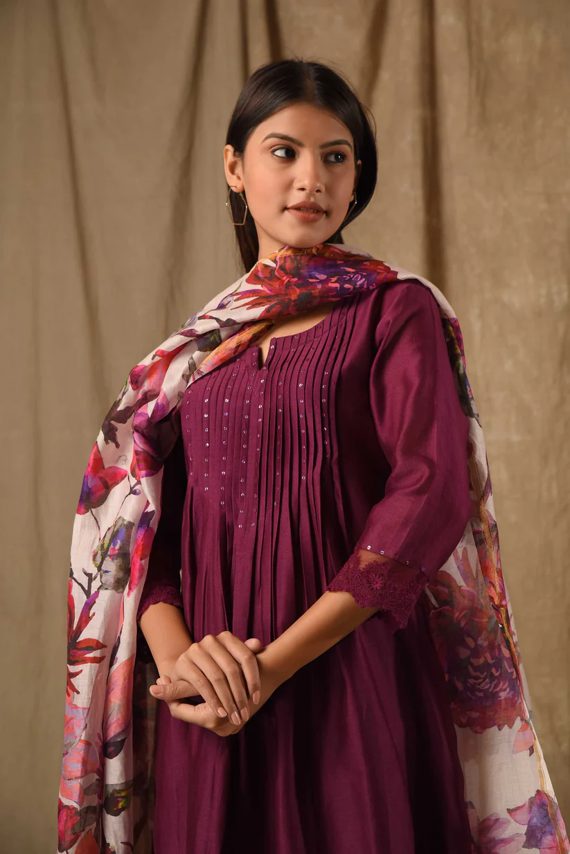Gulabik Purple Pintucks Suit Set