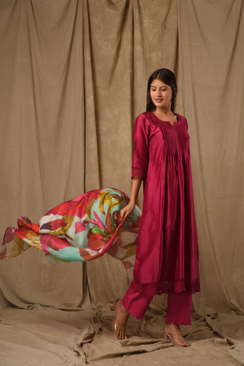 Gulabik Deep Magenta Pintucks Suit Set