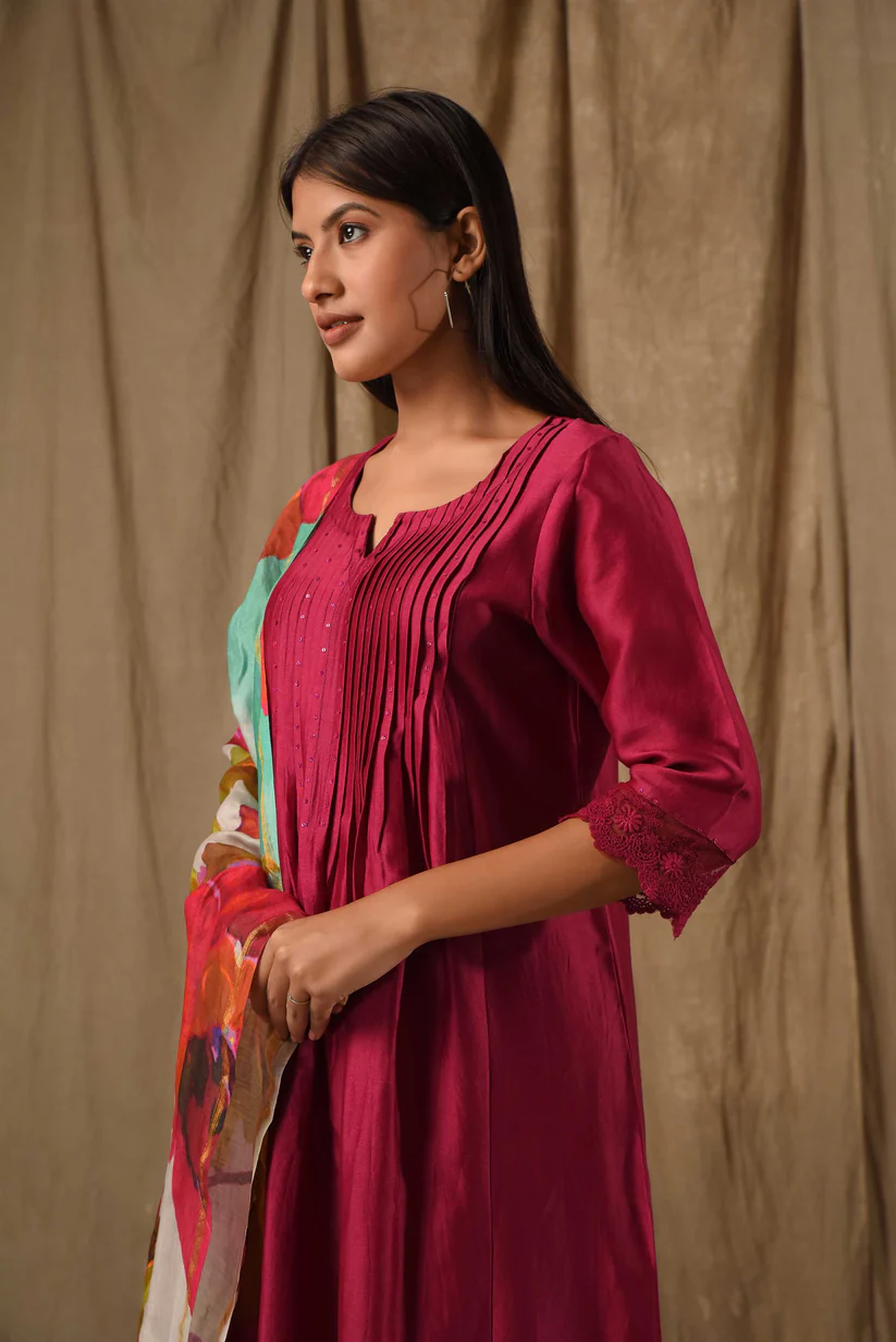 Gulabik Deep Magenta Pintucks Suit Set