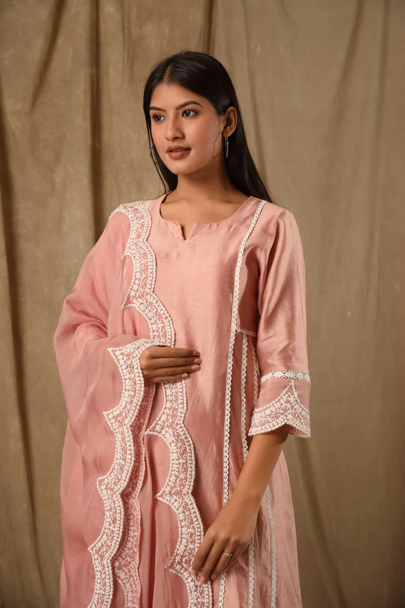 Gulabik Dusty Peach A-Line Suit Set With Scalloped Dupatta